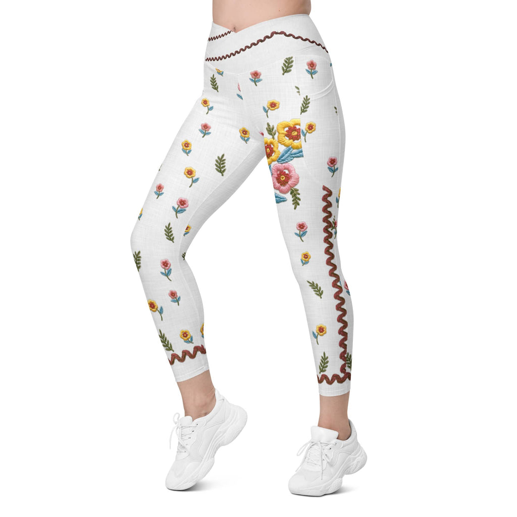 Embroidered Effect Floral Crossover Leggings With Pockets