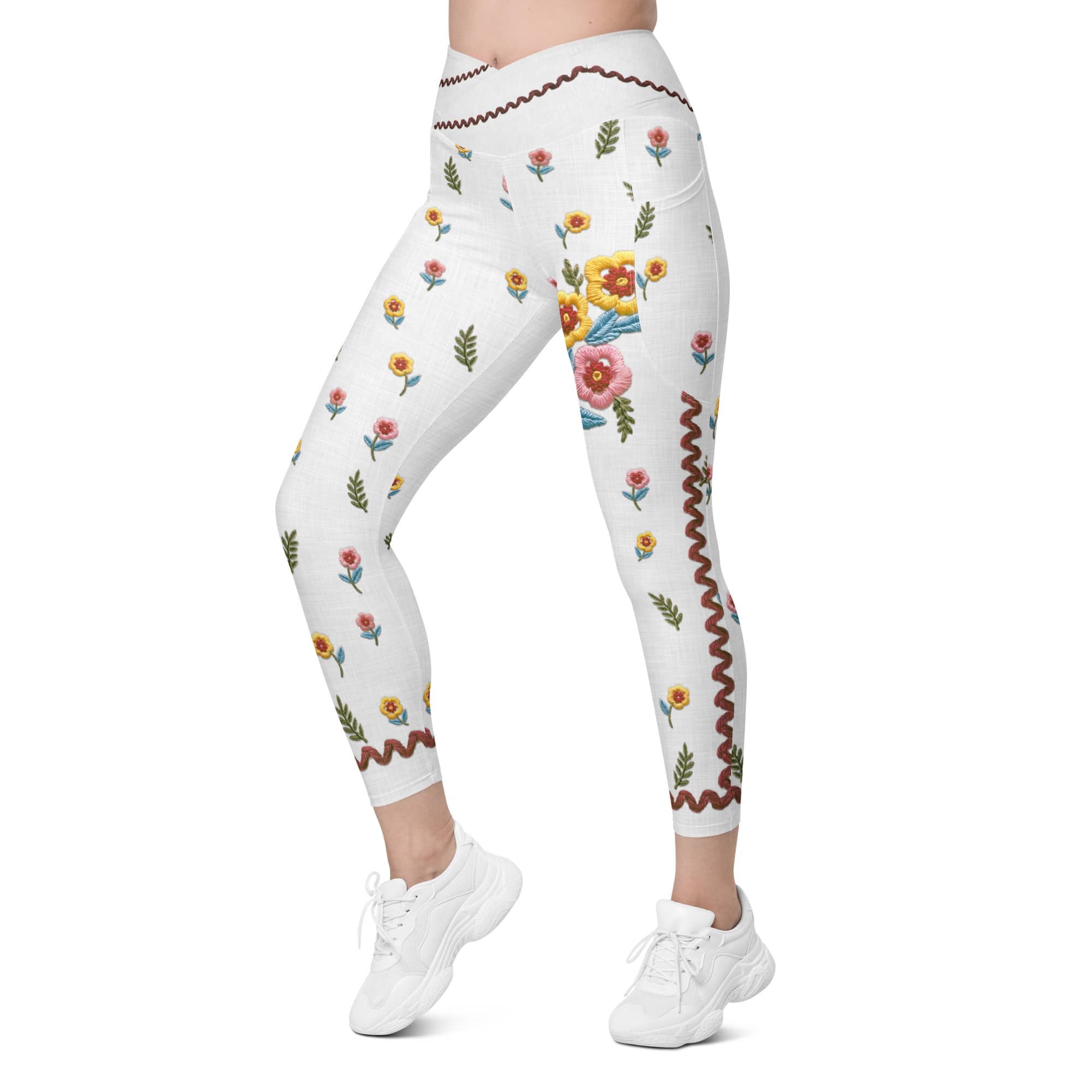 Embroidered Effect Floral Crossover Leggings With Pockets