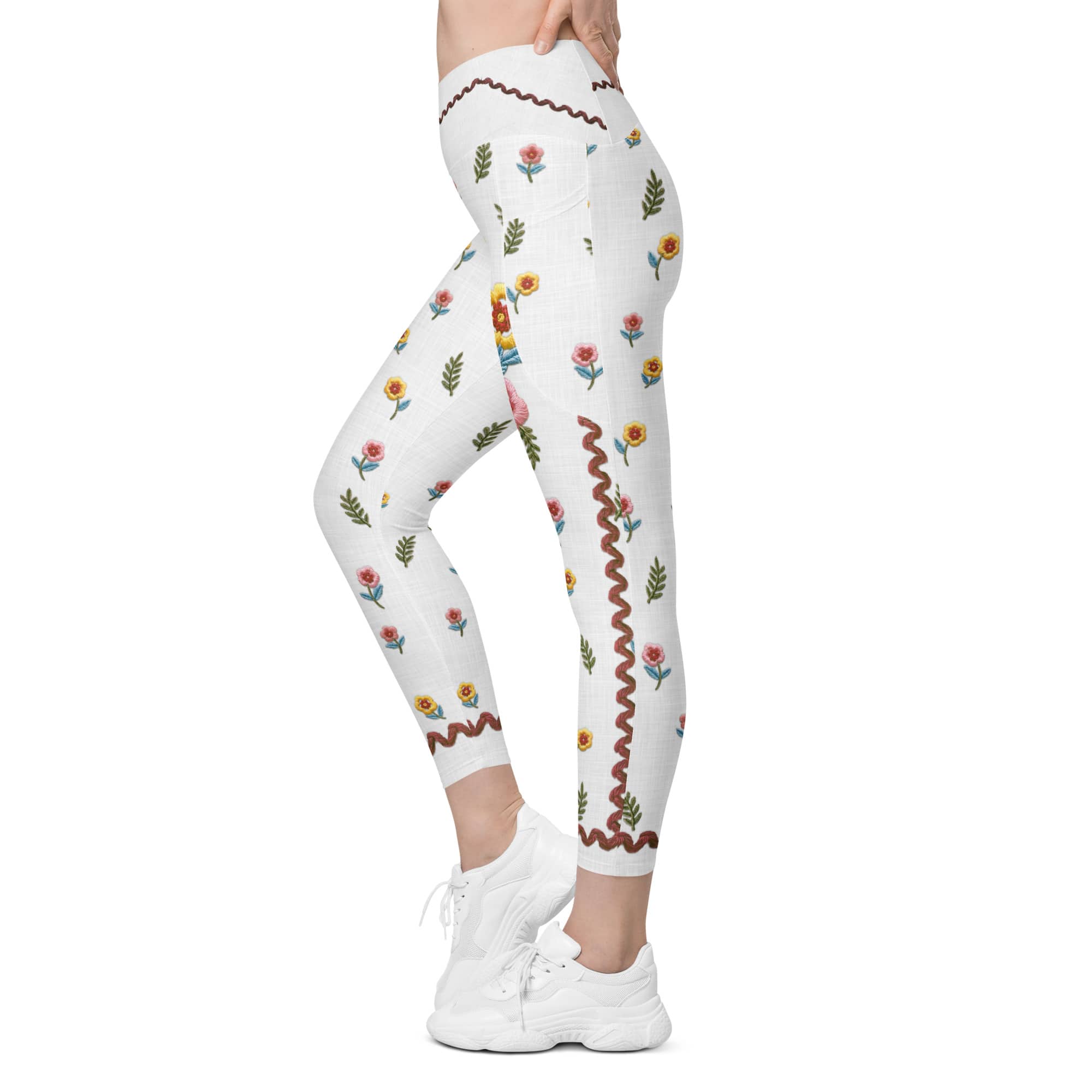Embroidered Effect Floral Crossover Leggings With Pockets