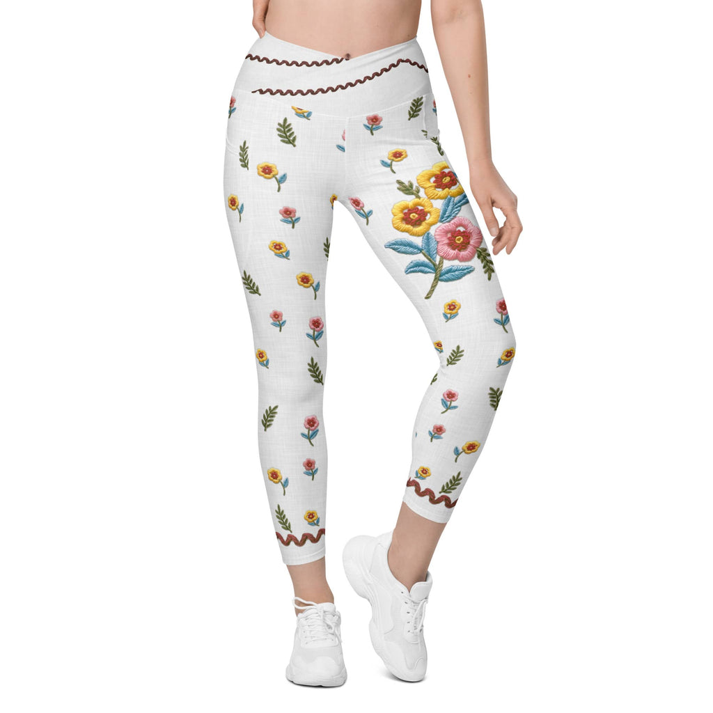 Embroidered Effect Floral Crossover Leggings With Pockets