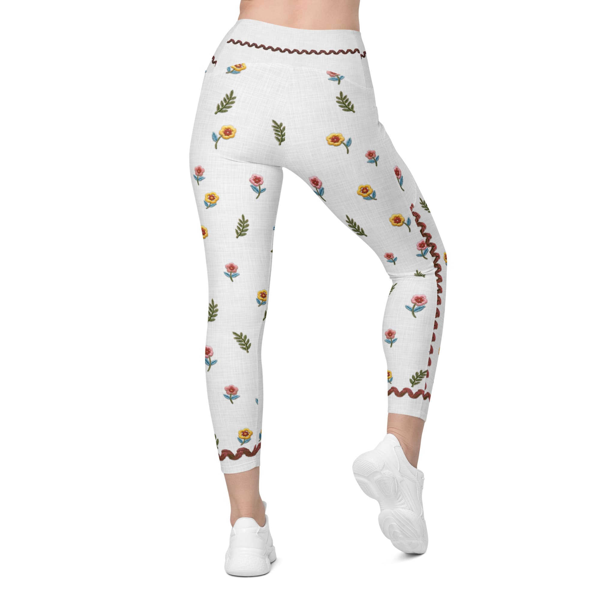 Embroidered Effect Floral Crossover Leggings With Pockets