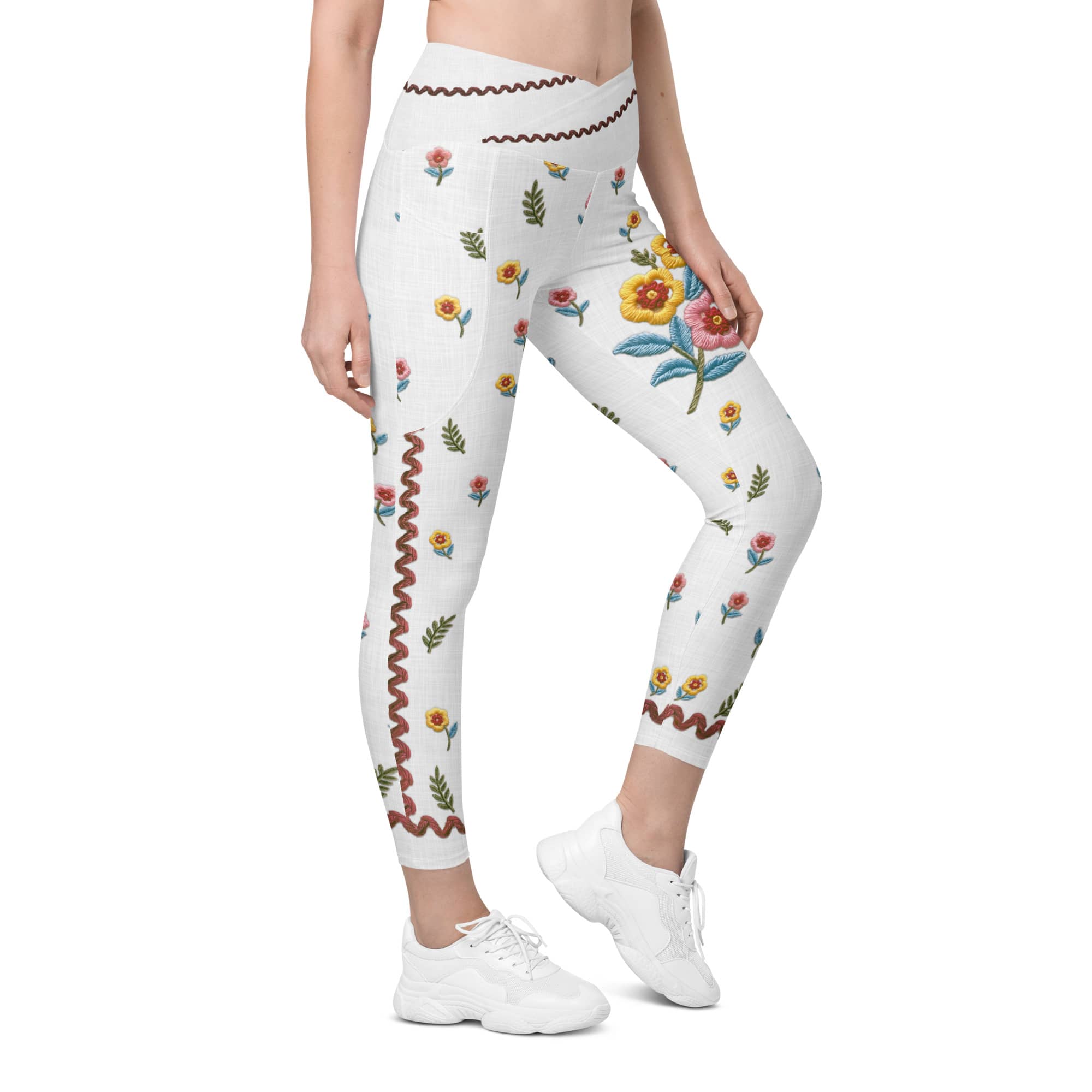 Embroidered Effect Floral Crossover Leggings With Pockets