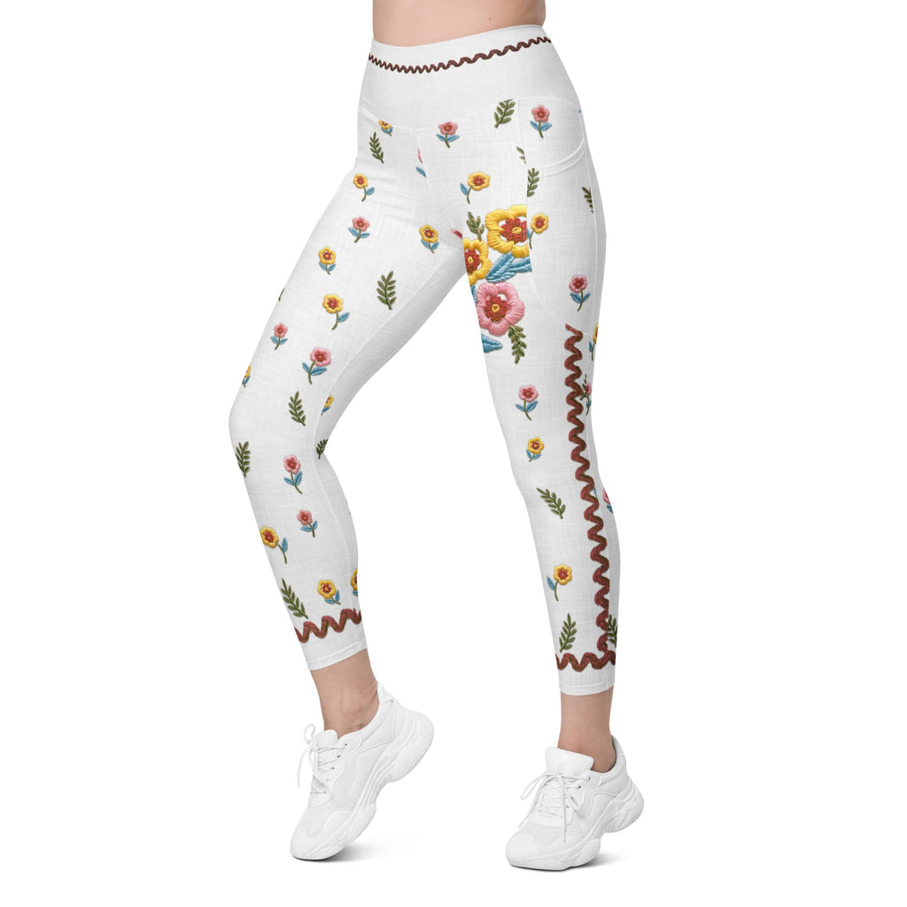 Embroidered Effect Floral Leggings With Pockets