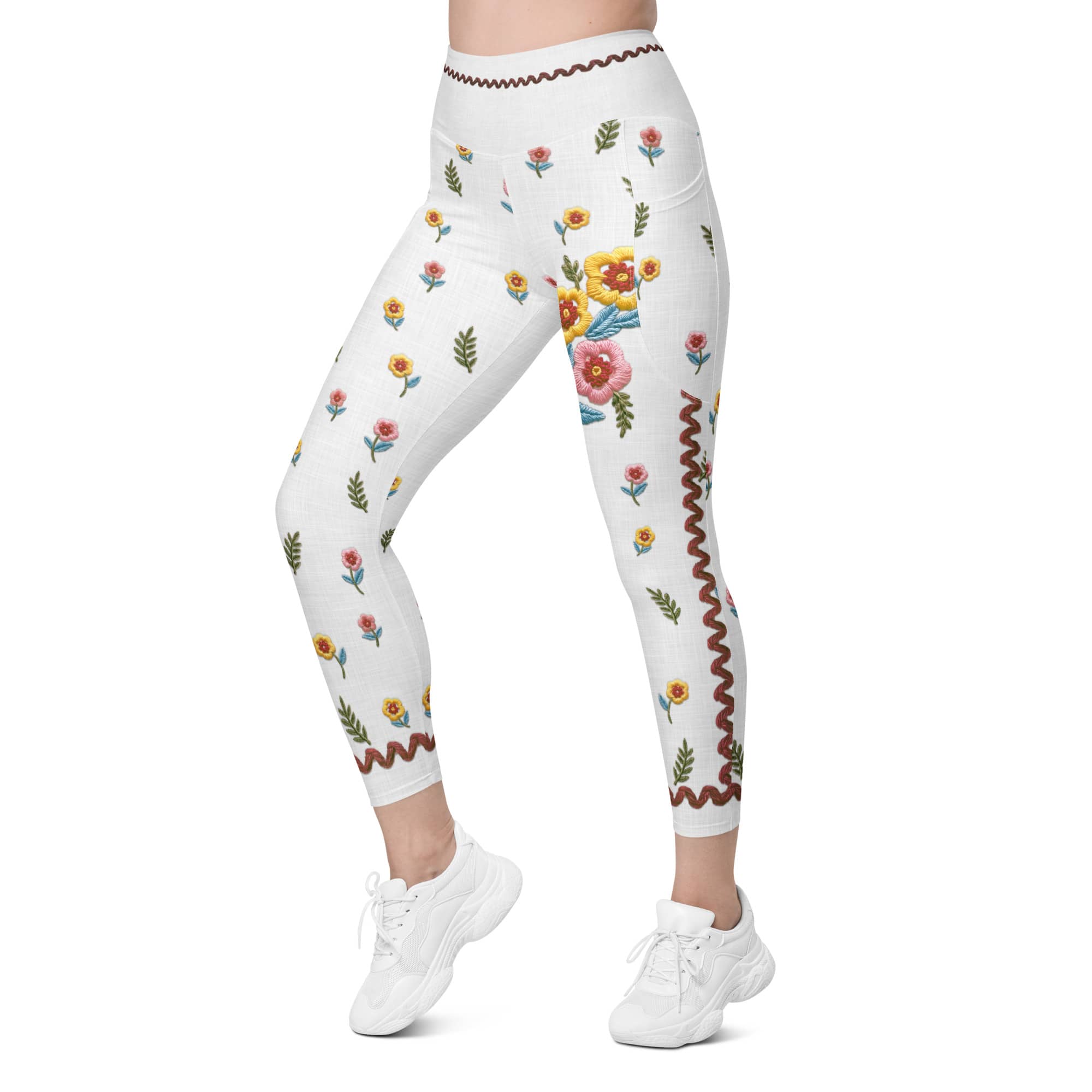 Embroidered Effect Floral Leggings With Pockets