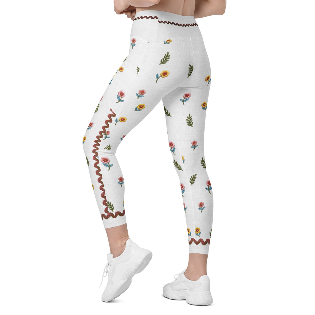 Embroidered Effect Floral Leggings With Pockets