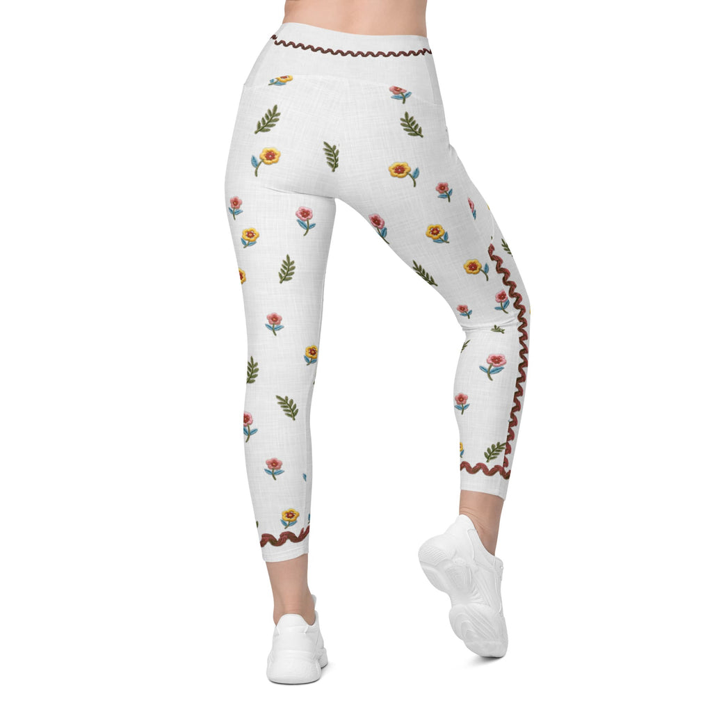 Embroidered Effect Floral Leggings With Pockets