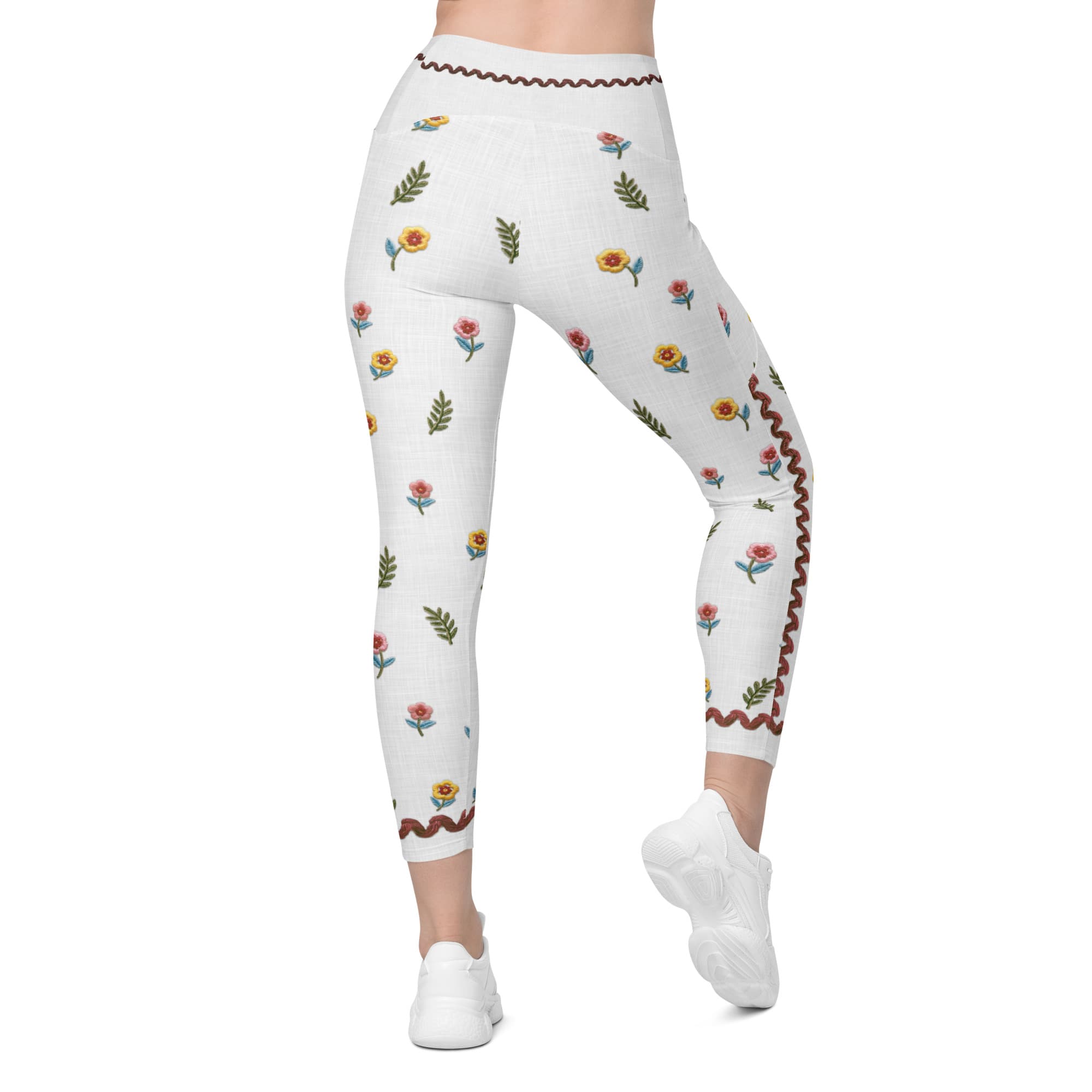 Embroidered Effect Floral Leggings With Pockets