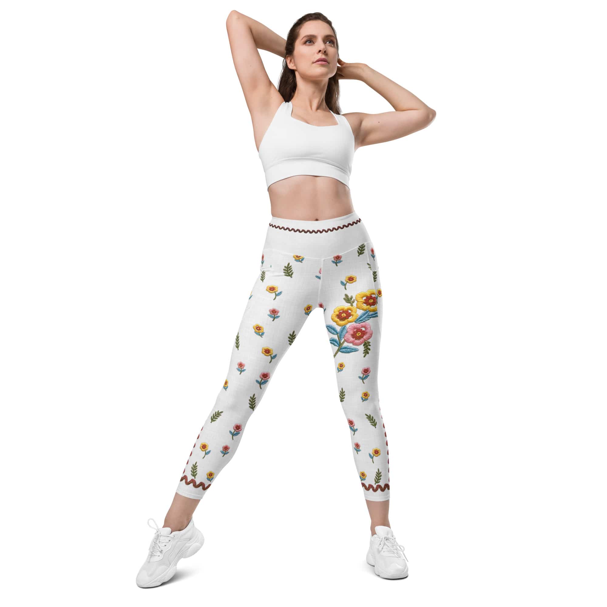 Embroidered Effect Floral Leggings With Pockets