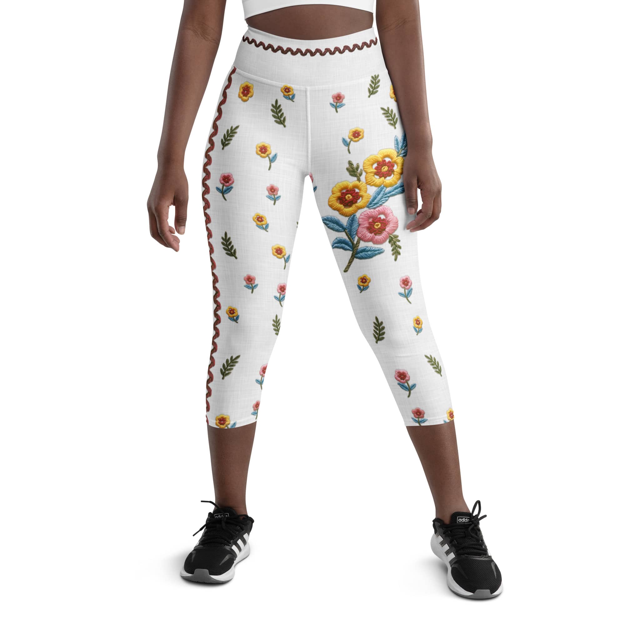 Embroidered Effect Floral Yoga Capris