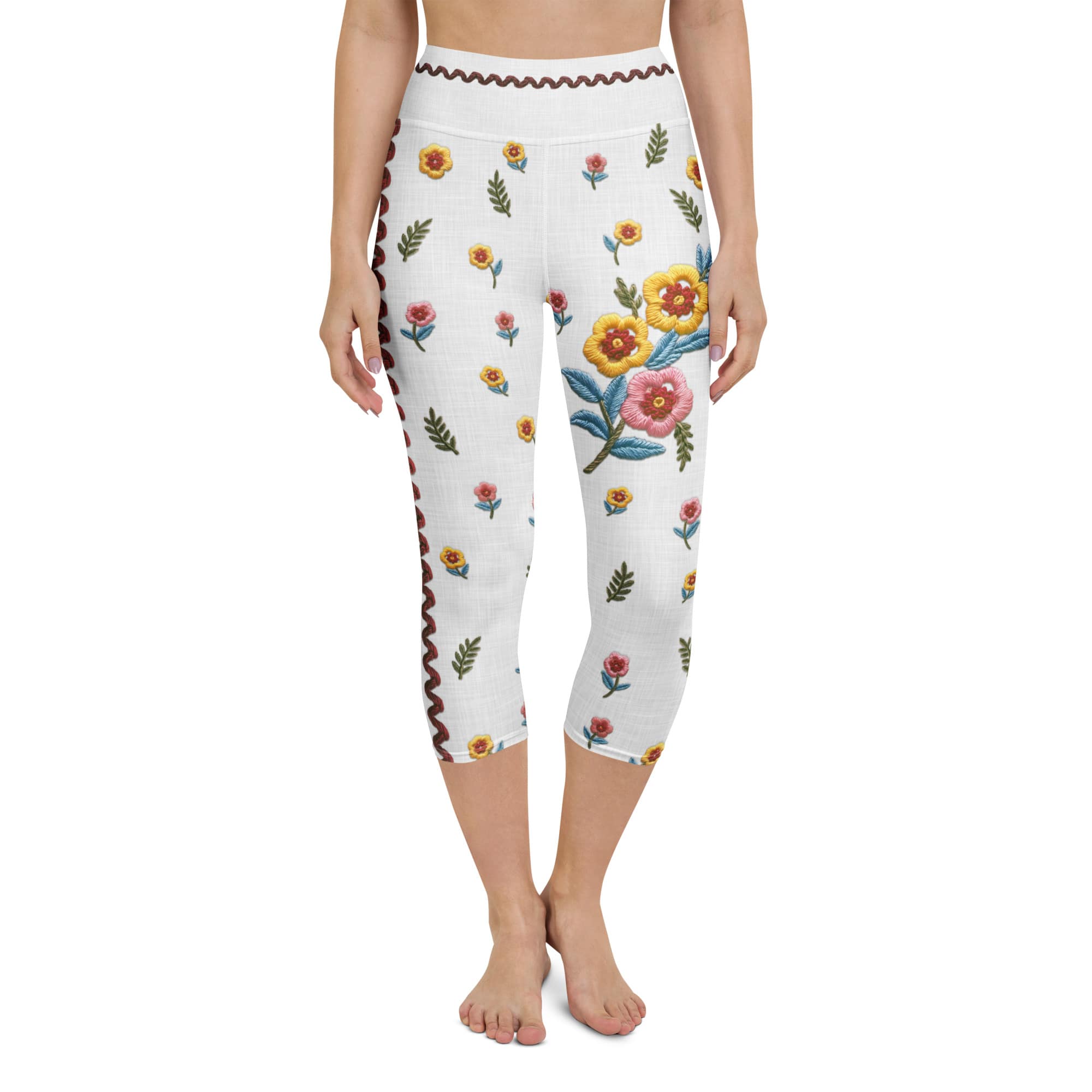 Embroidered Effect Floral Yoga Capris