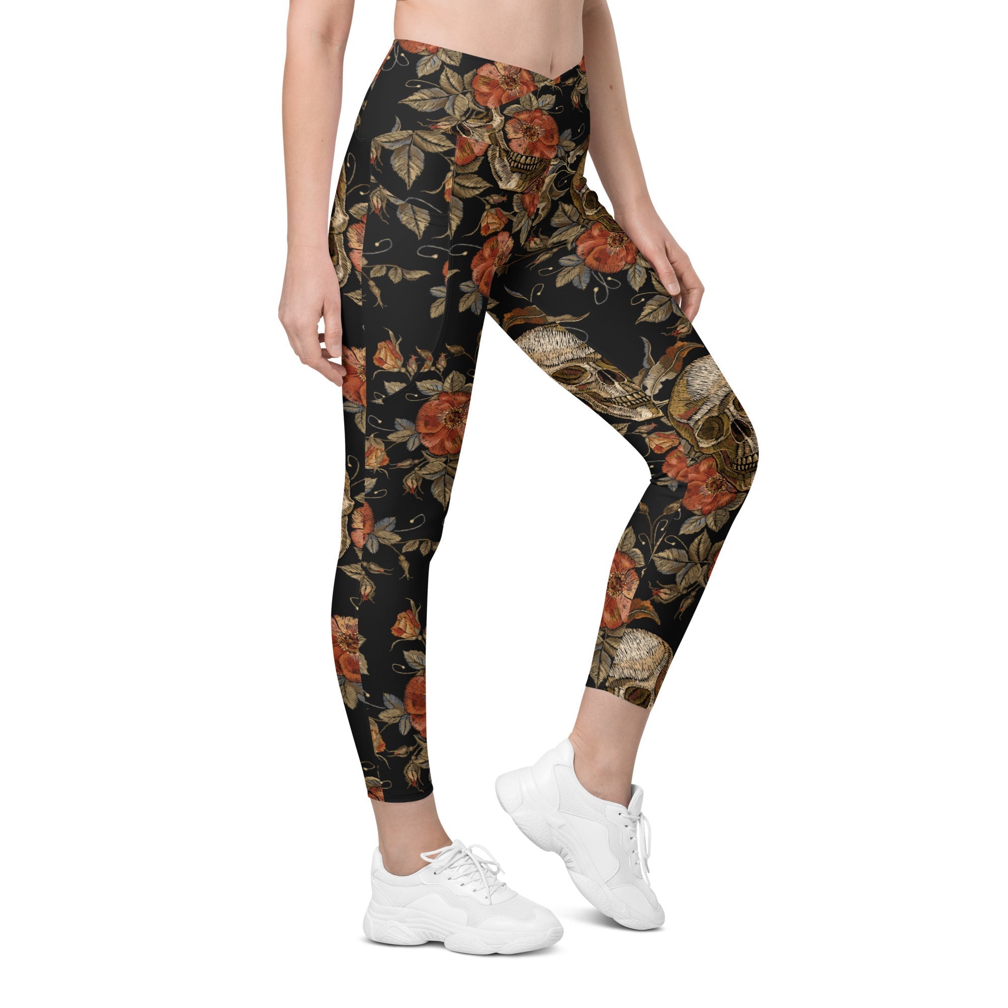 Embroidery Skull Crossover Leggings With Pockets