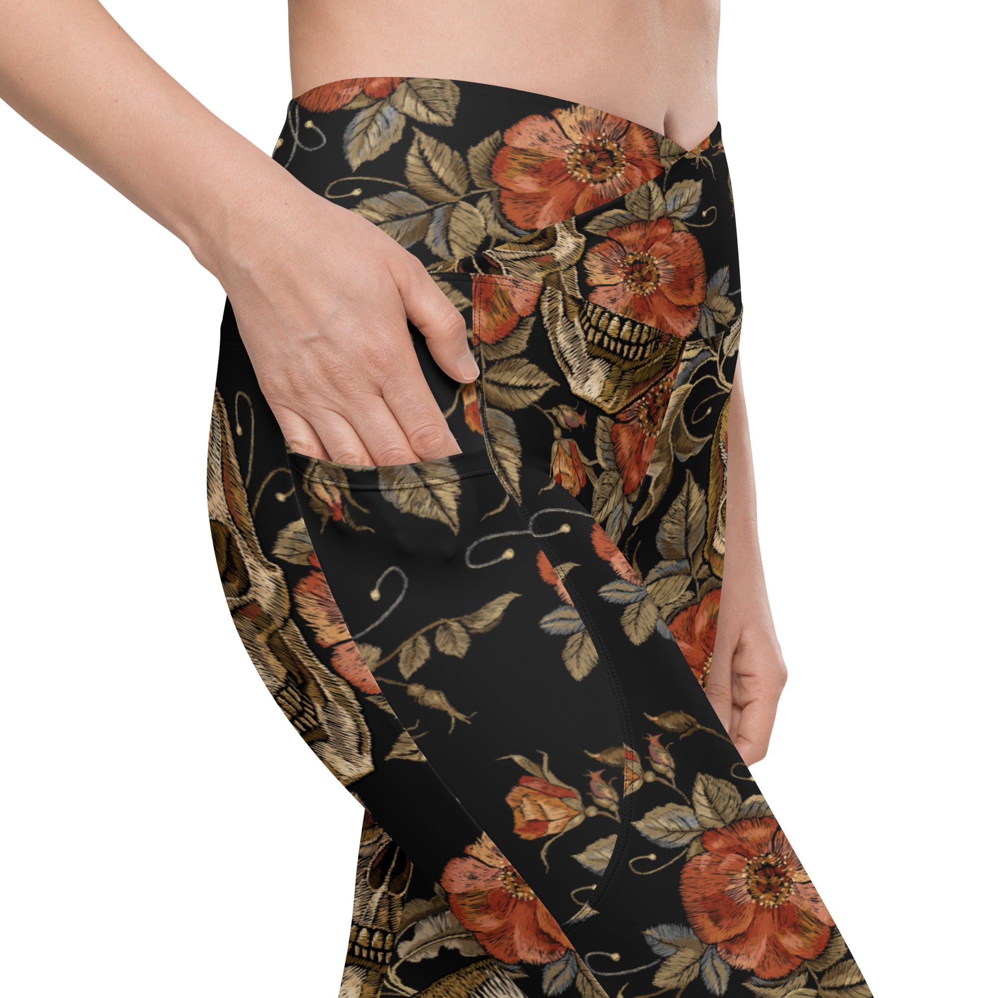 Embroidery Skull Crossover Leggings With Pockets