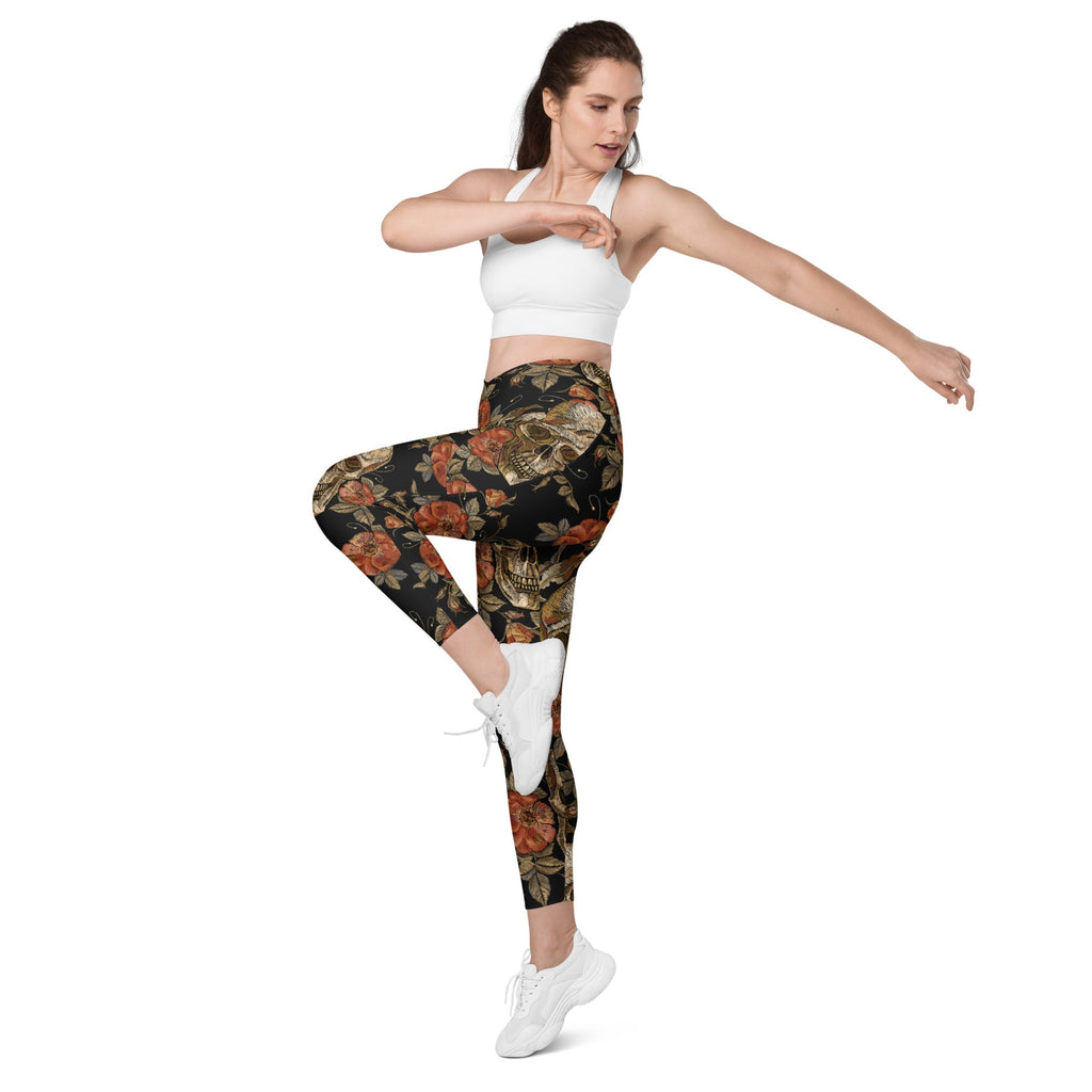 Embroidery Skull Crossover Leggings With Pockets