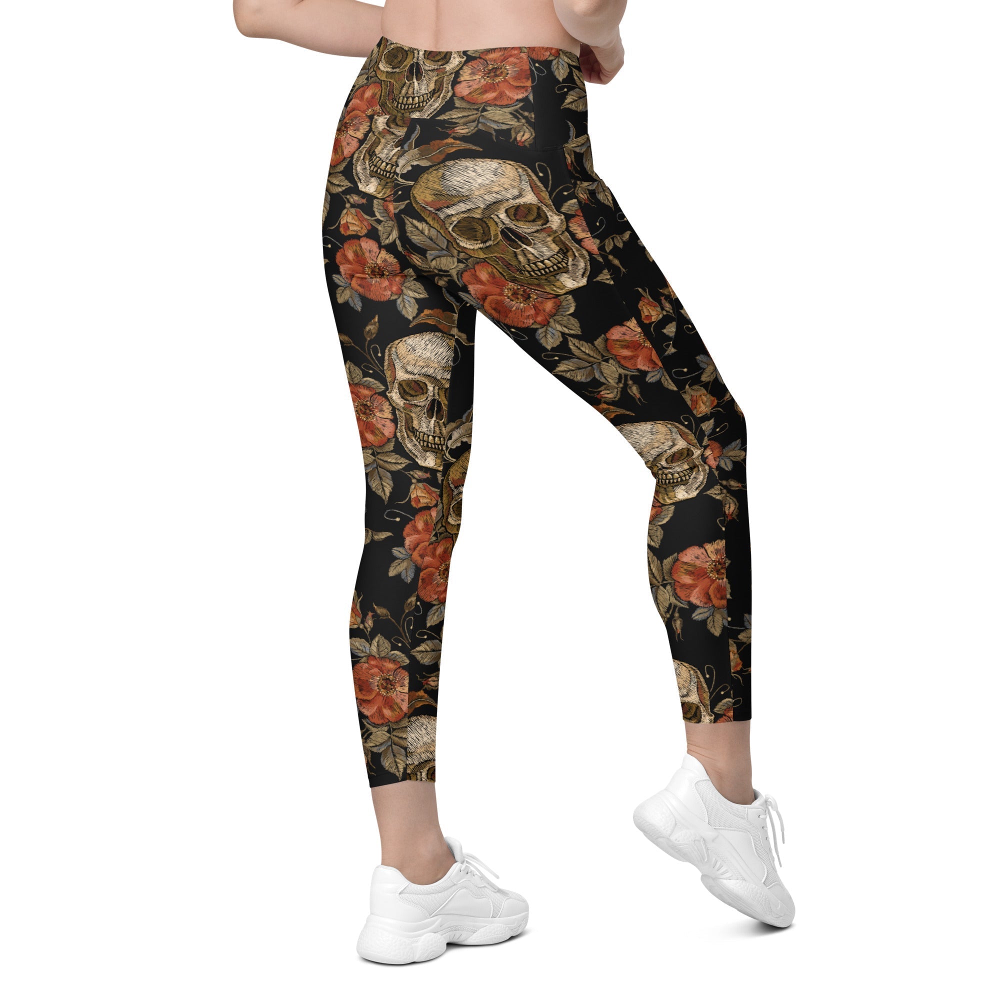 Embroidery Skull Crossover Leggings With Pockets