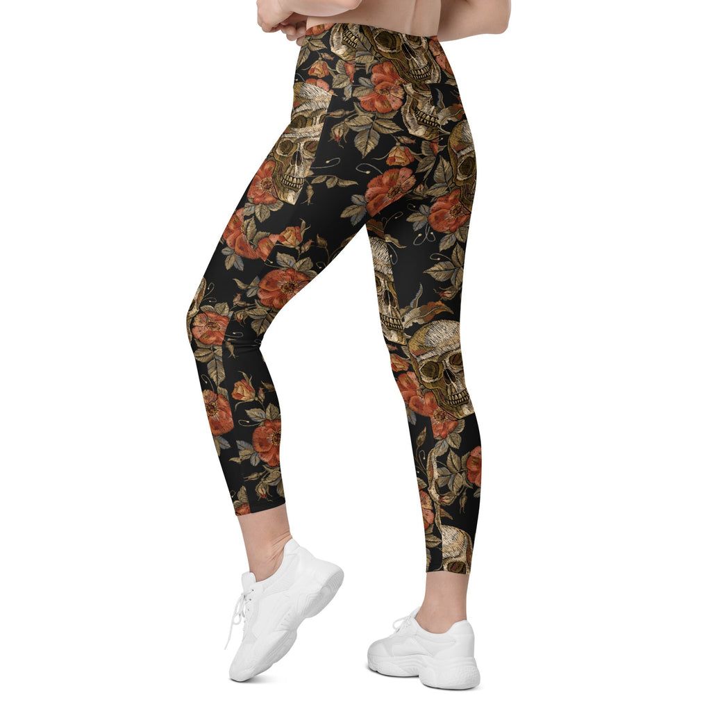 Embroidery Skull Crossover Leggings With Pockets