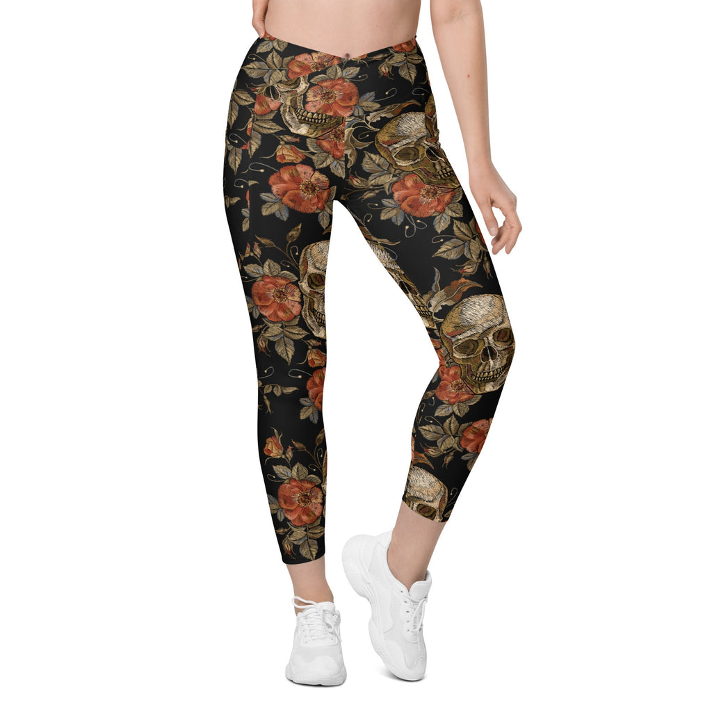 Embroidery Skull Crossover Leggings With Pockets