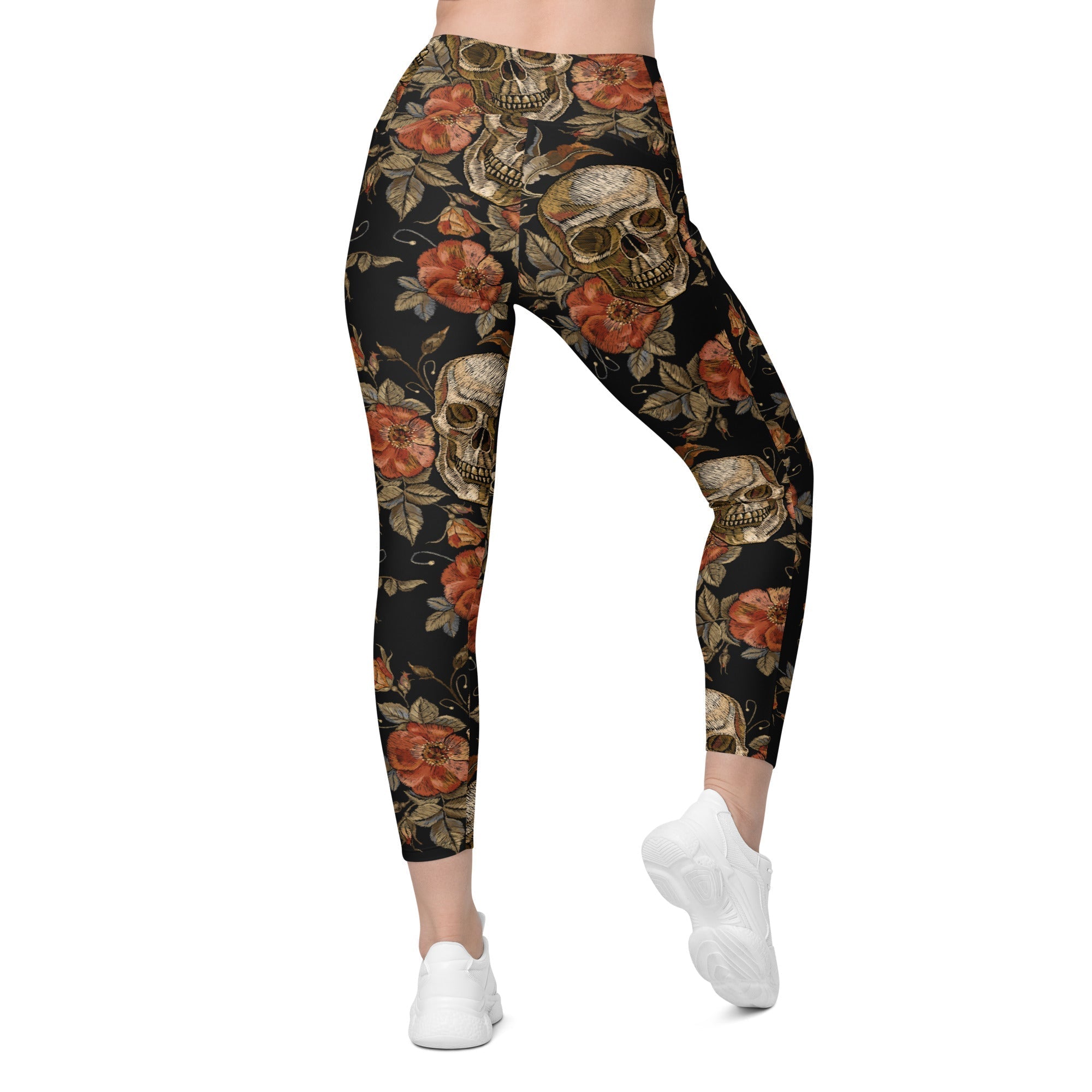 Embroidery Skull Crossover Leggings With Pockets
