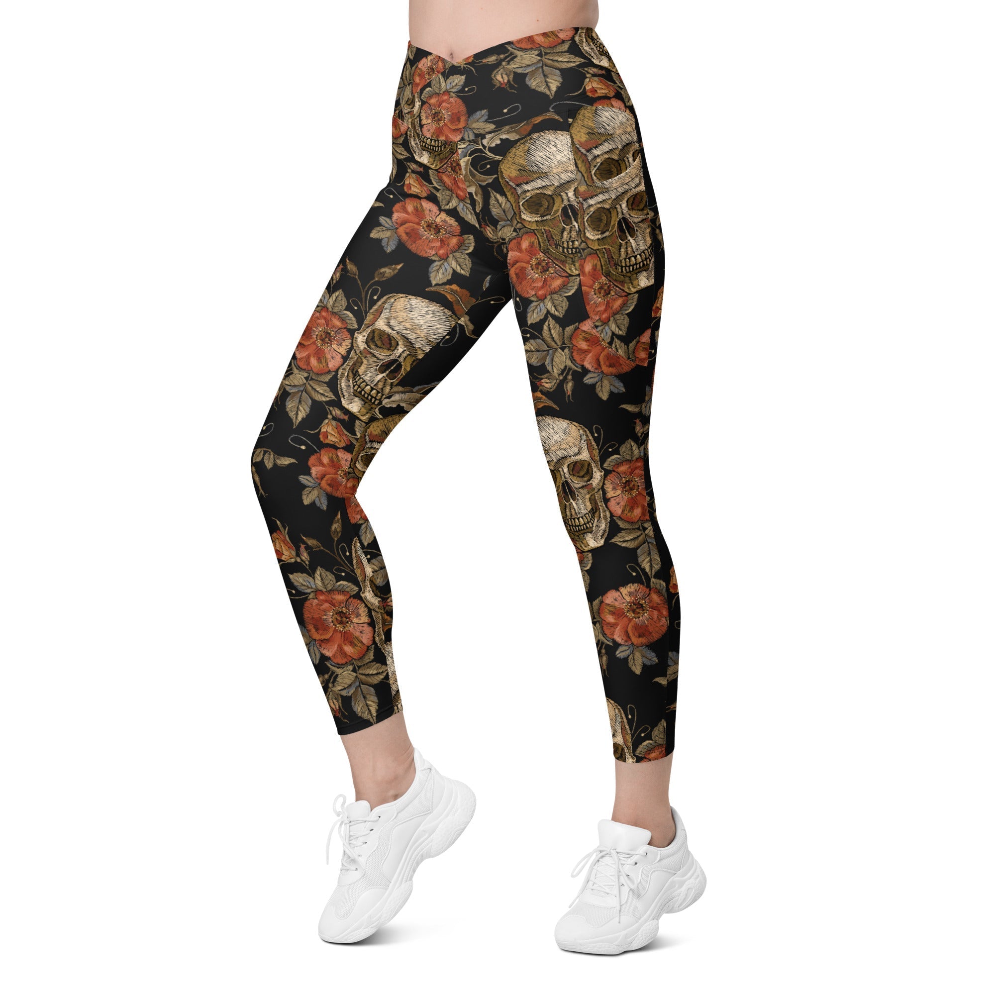 Embroidery Skull Crossover Leggings With Pockets