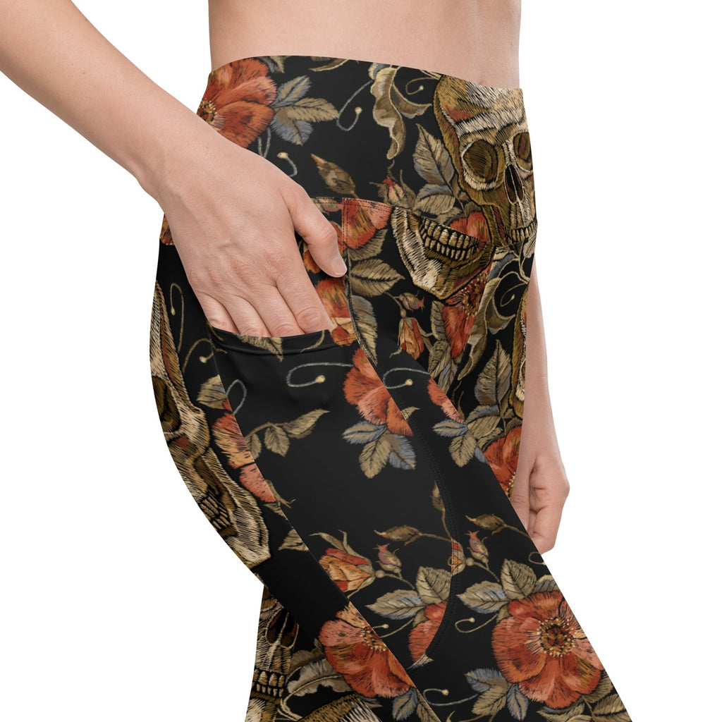 Embroidery Skull Leggings With Pockets