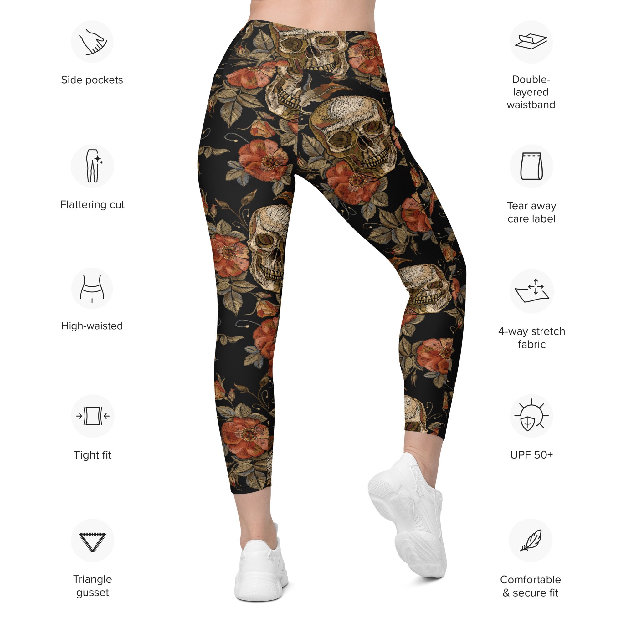 Embroidery Print Skull Leggings With Pockets