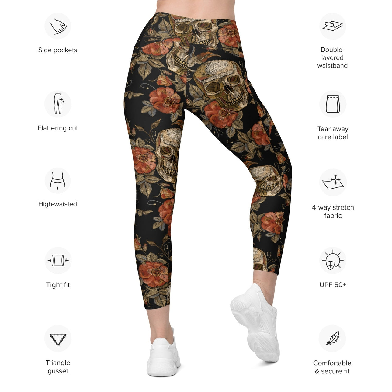 Embroidery Skull Leggings With Pockets