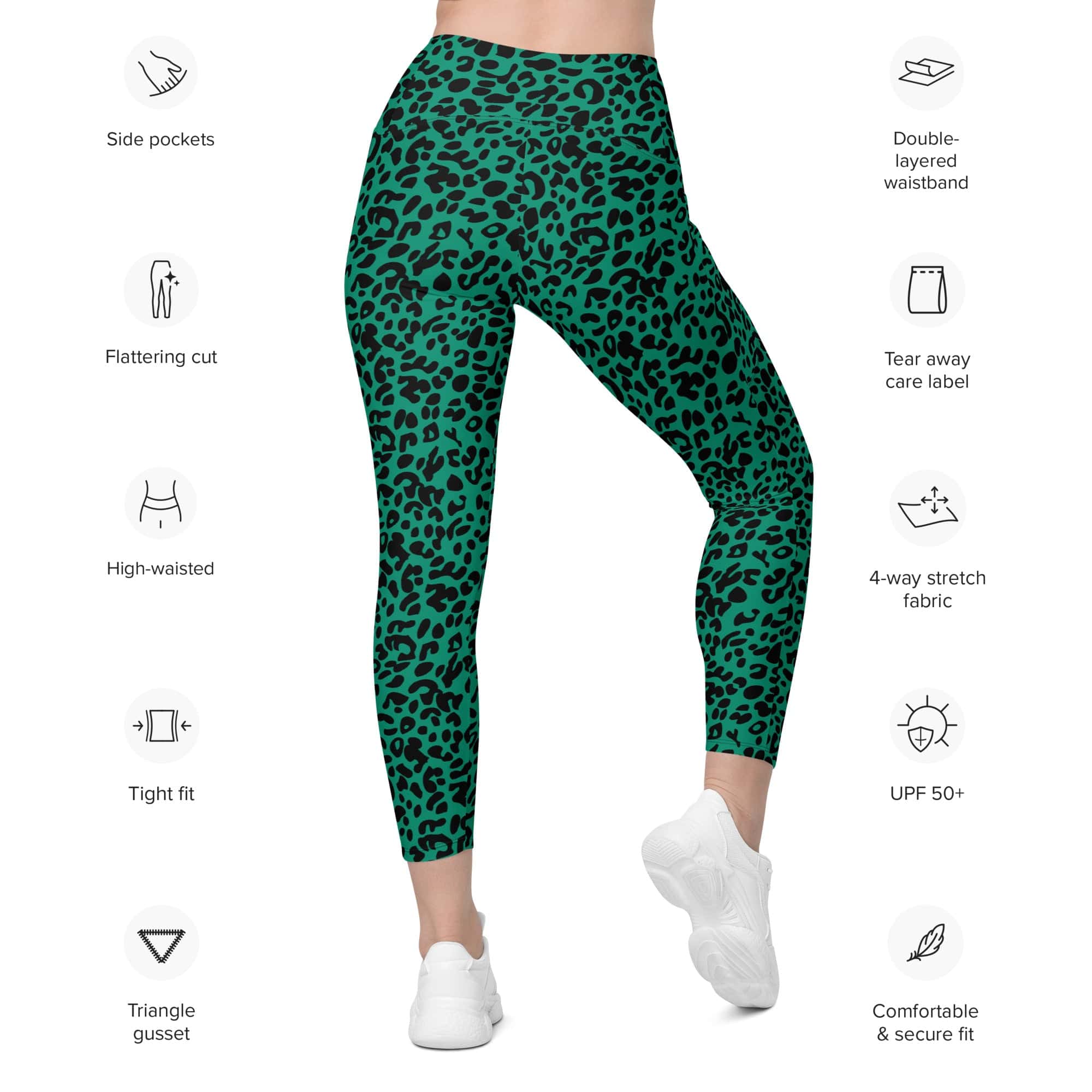 Emerald Green Leopard Leggings With Pockets