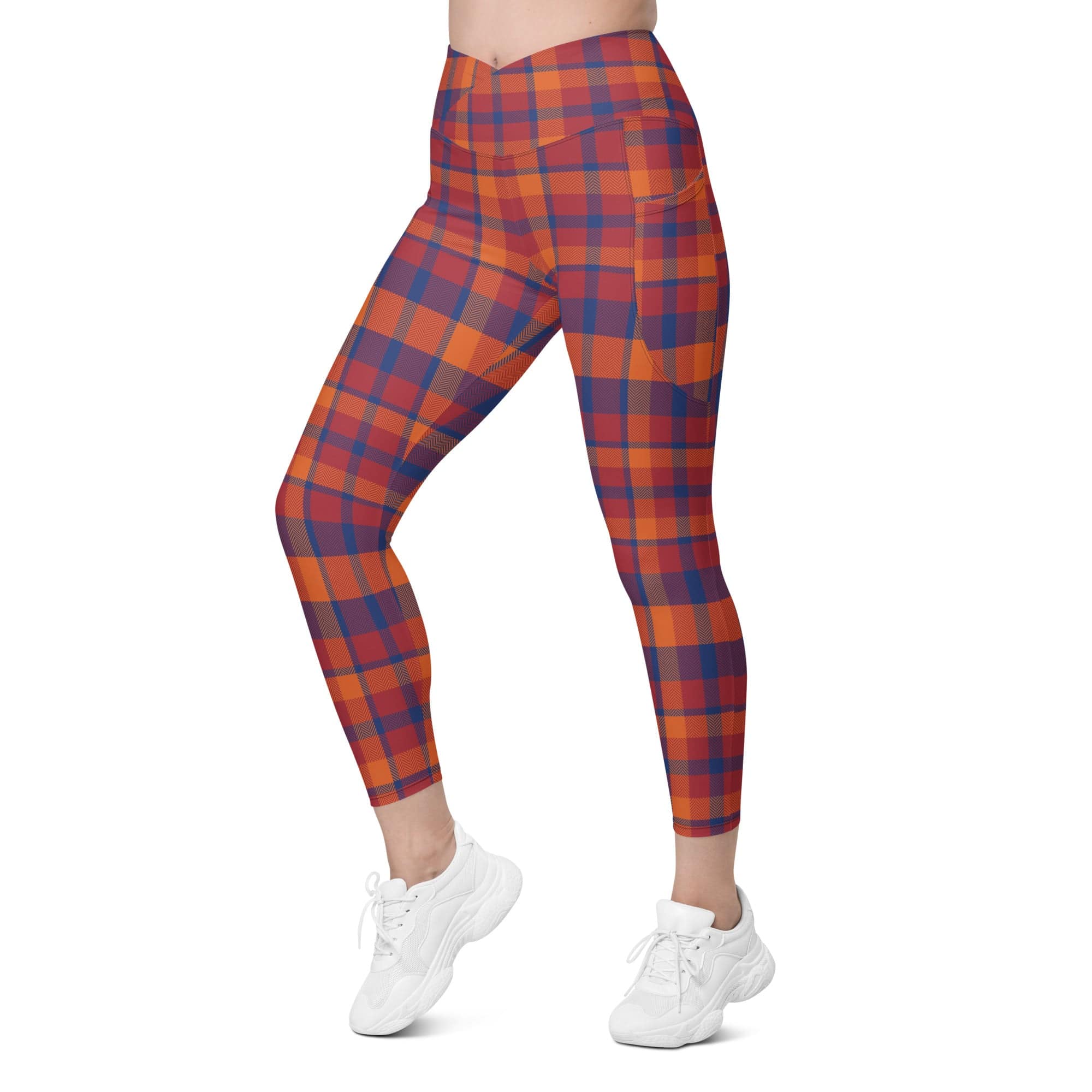 Fall Plaid Crossover Leggings With Pockets
