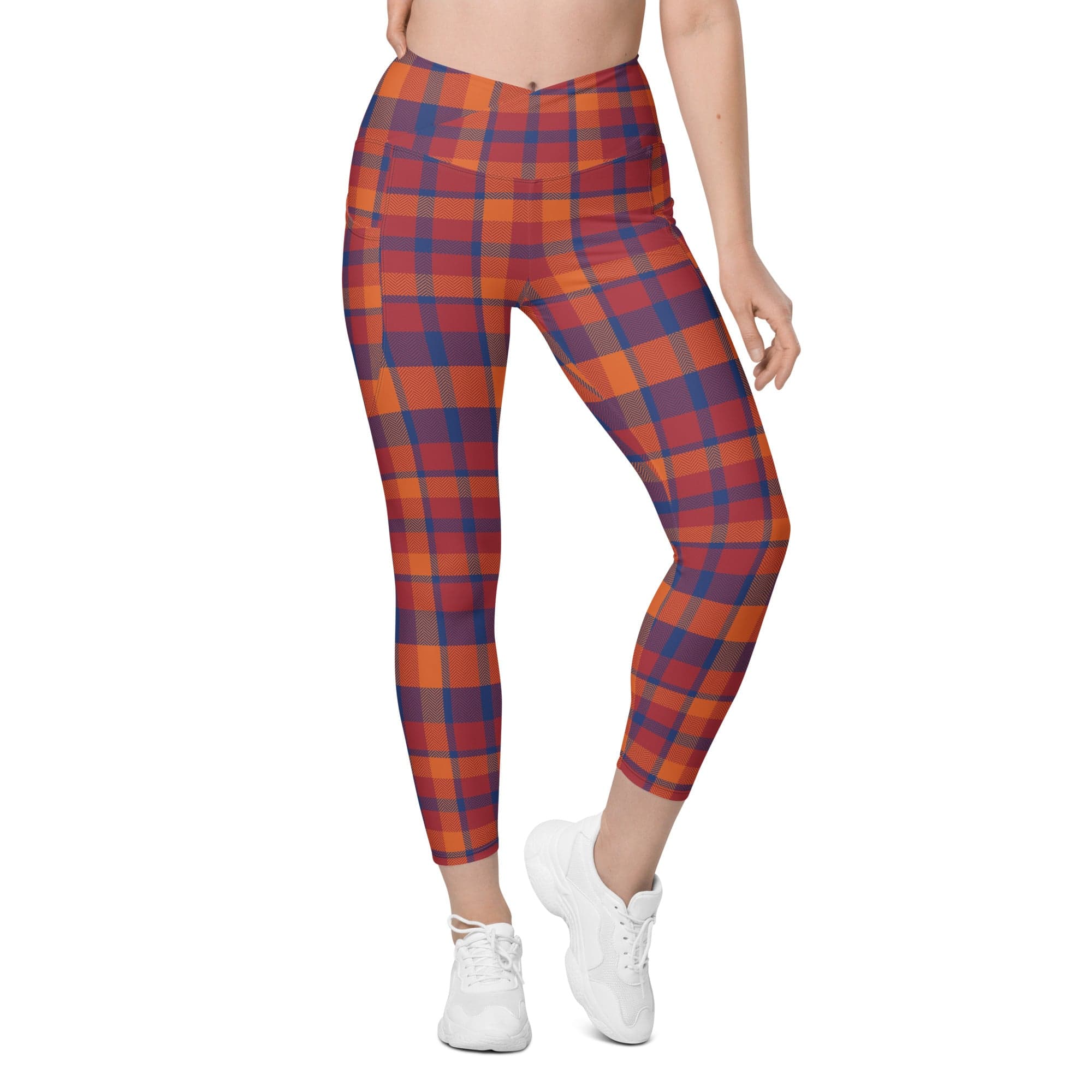 Fall Plaid Crossover Leggings With Pockets