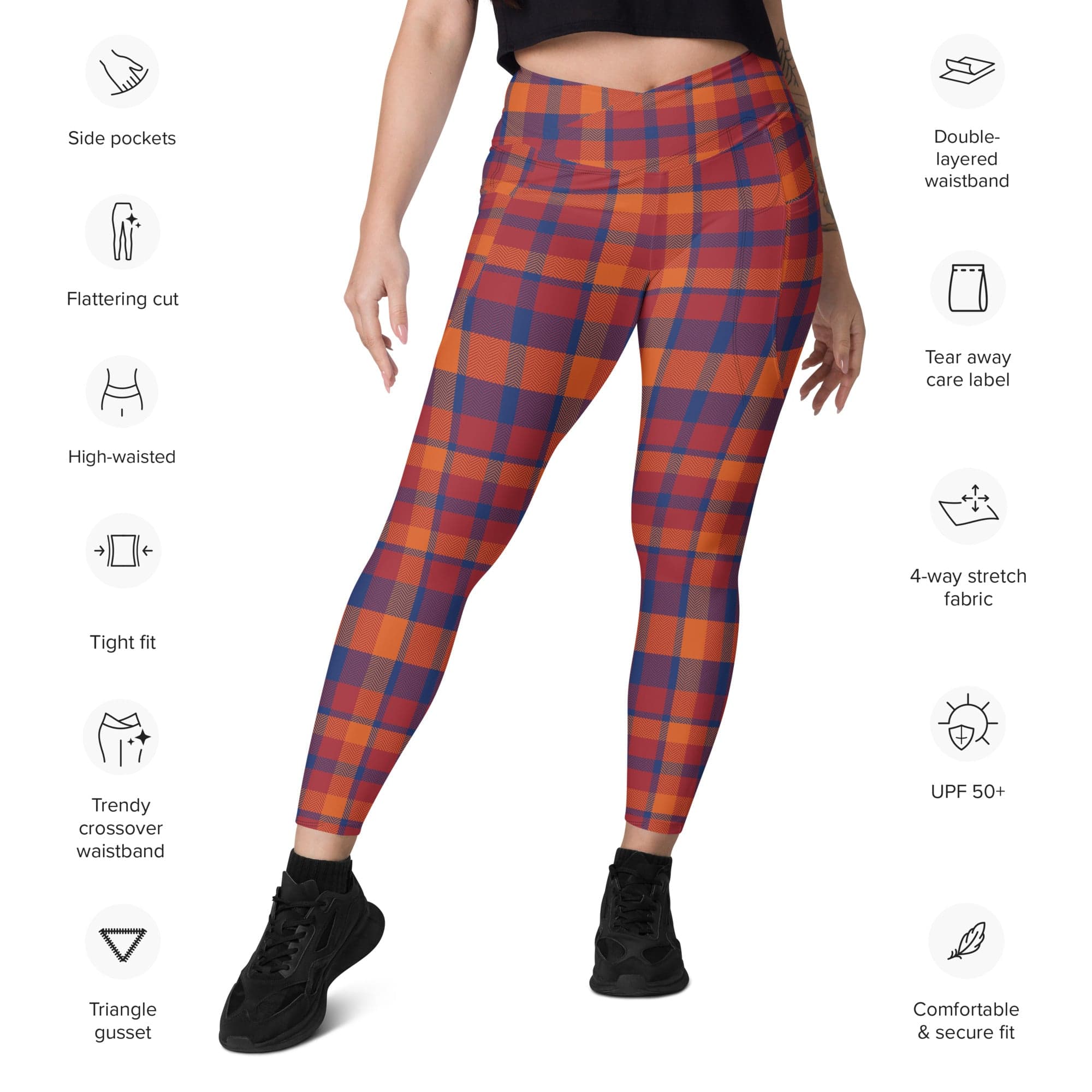 Fall Plaid Crossover Leggings With Pockets