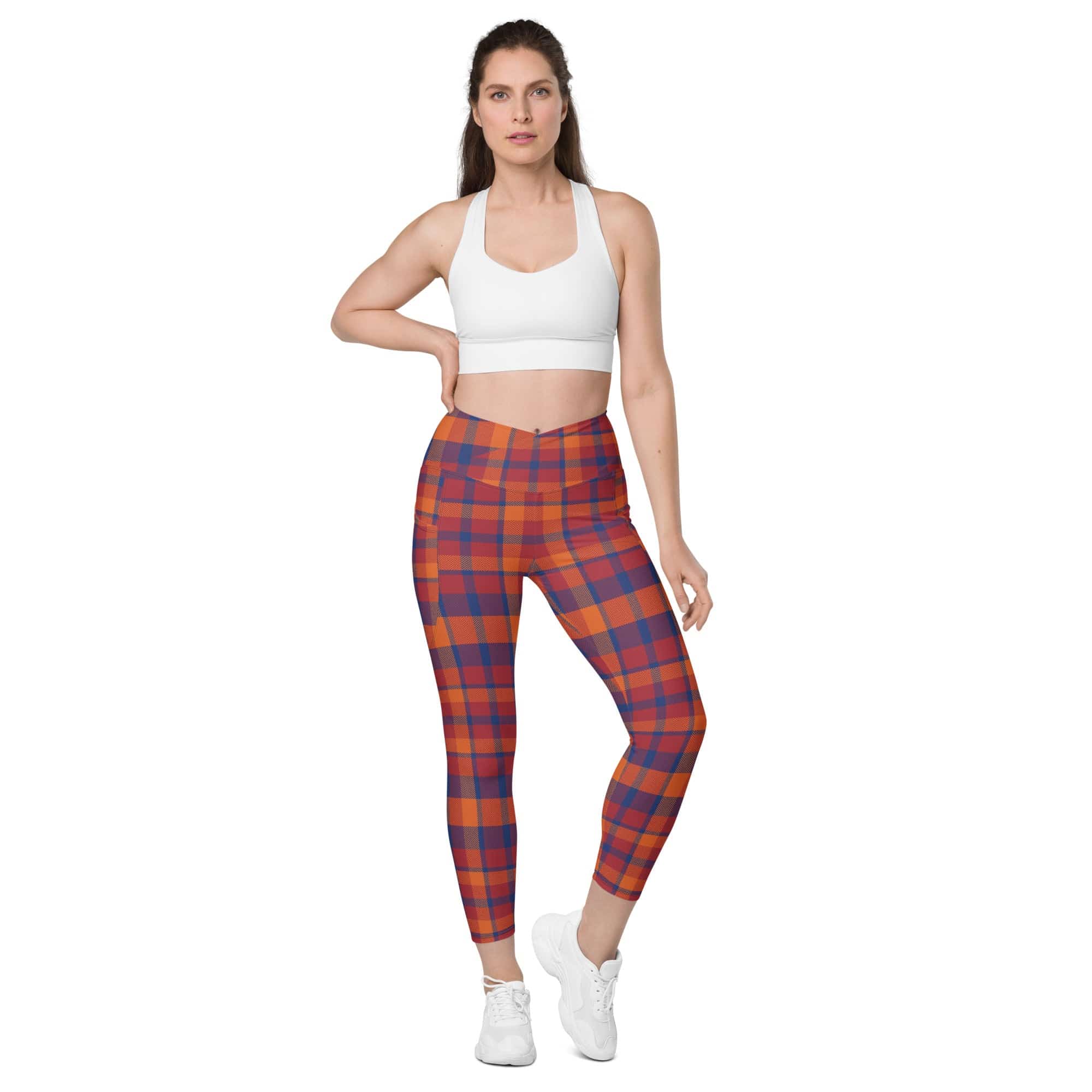 Fall Plaid Crossover Leggings With Pockets