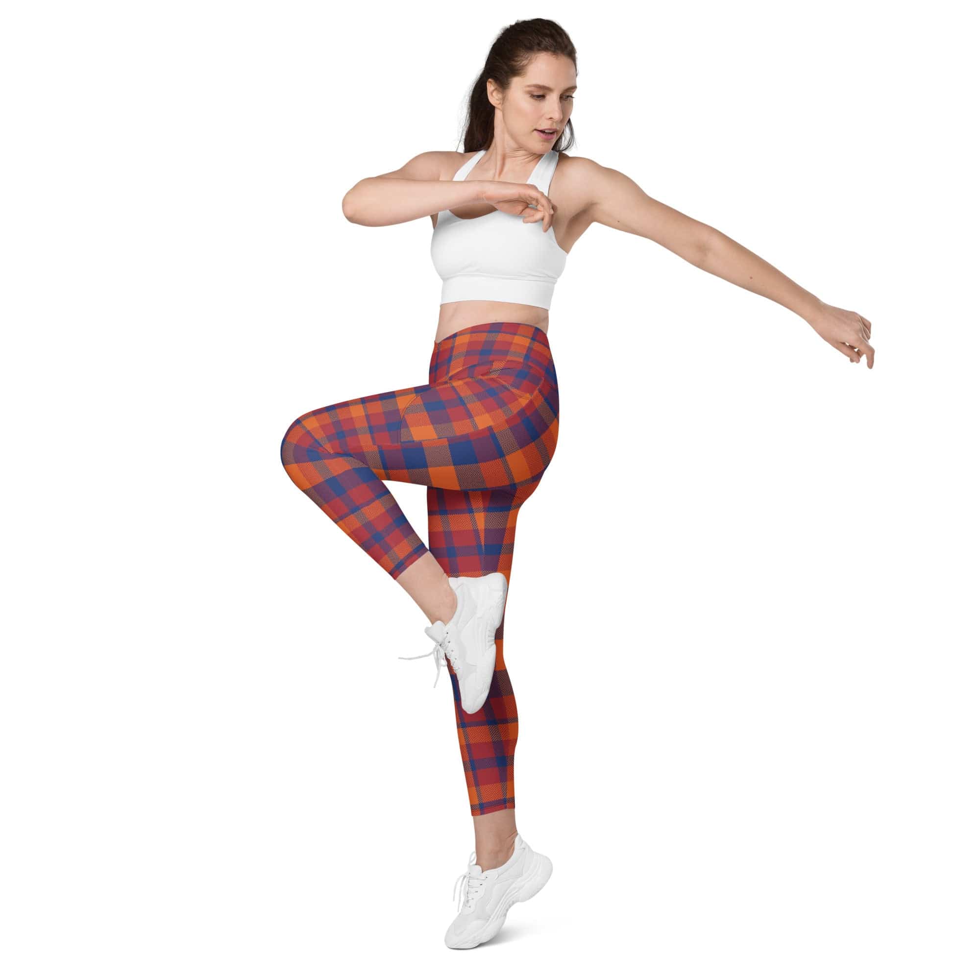 Fall Plaid Crossover Leggings With Pockets