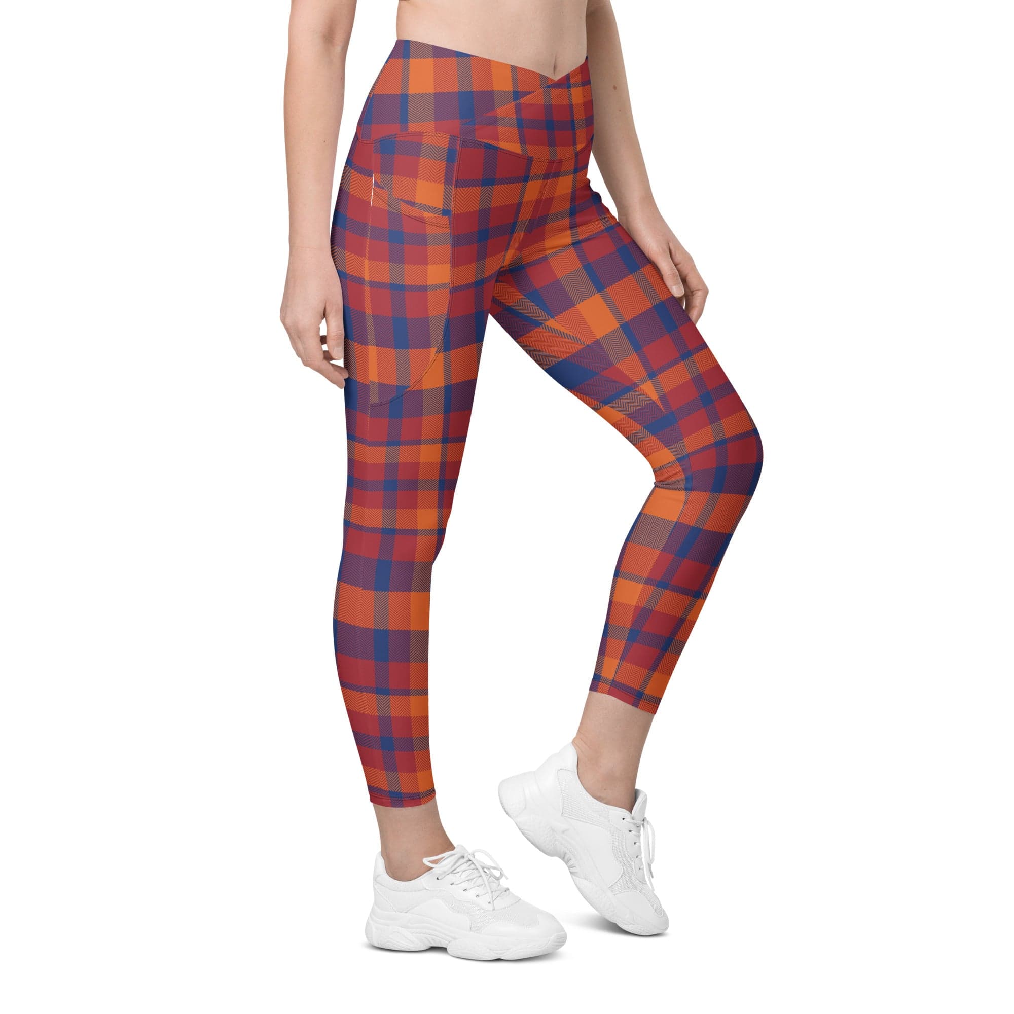 Fall Plaid Crossover Leggings With Pockets