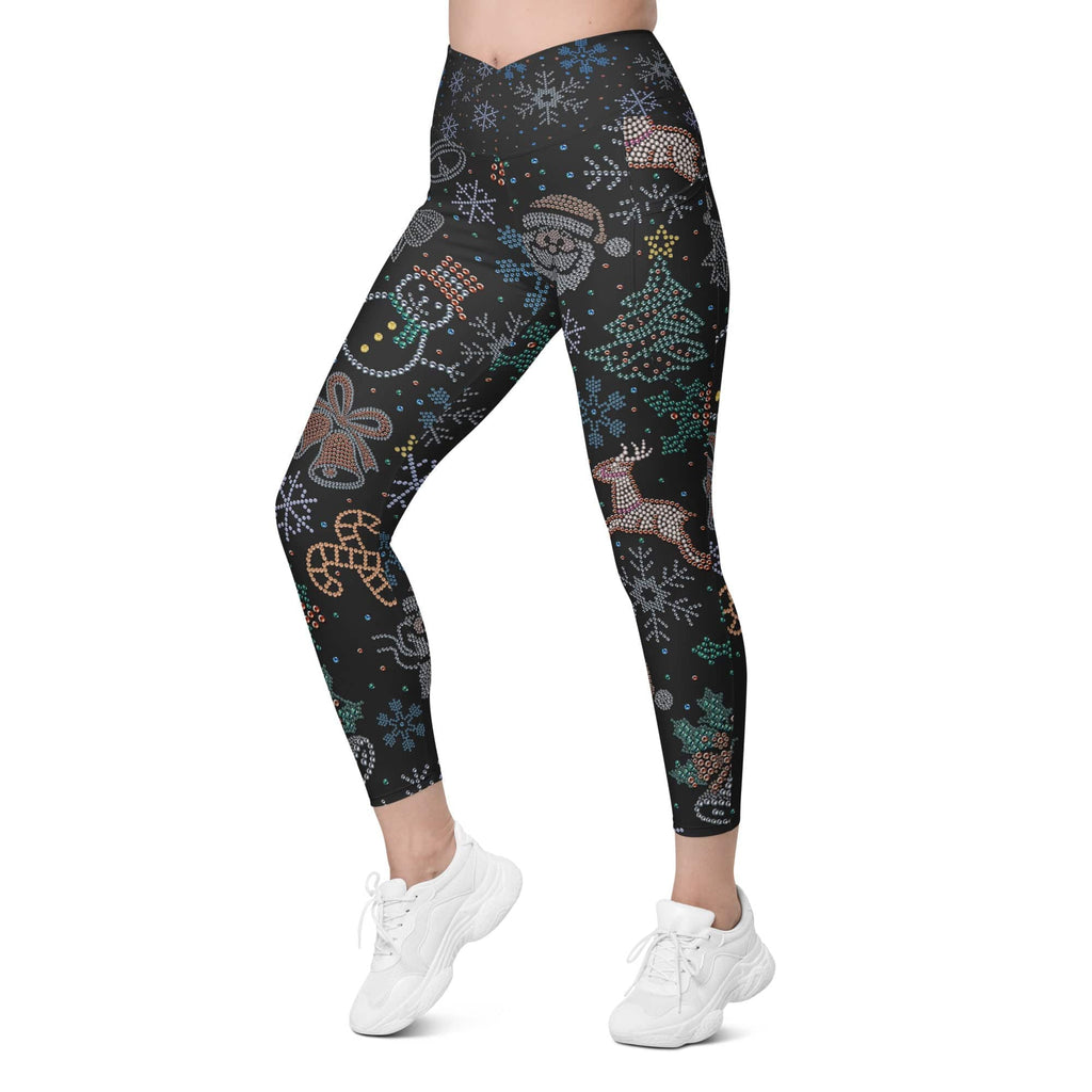 Faux Rhinestone Christmas Crossover Leggings With Pockets