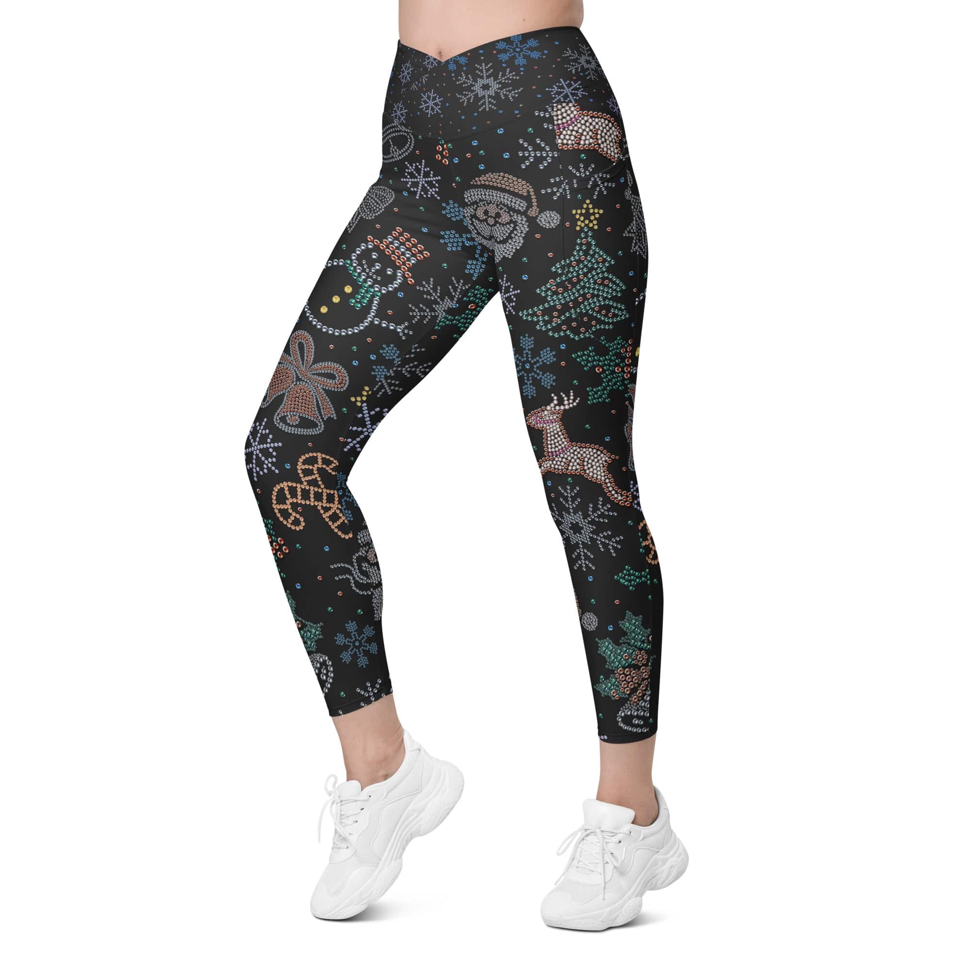 Faux Rhinestone Christmas Crossover Leggings With Pockets