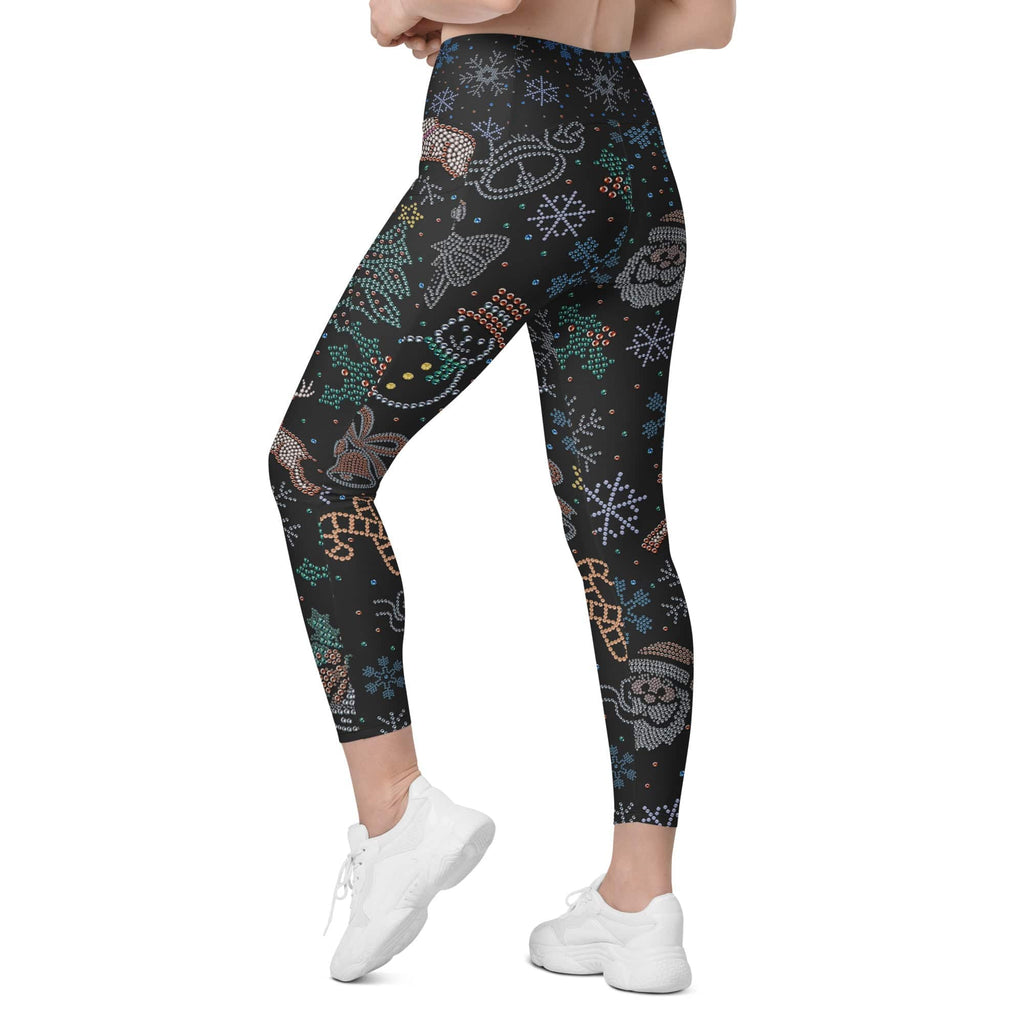 Faux Rhinestone Christmas Crossover Leggings With Pockets