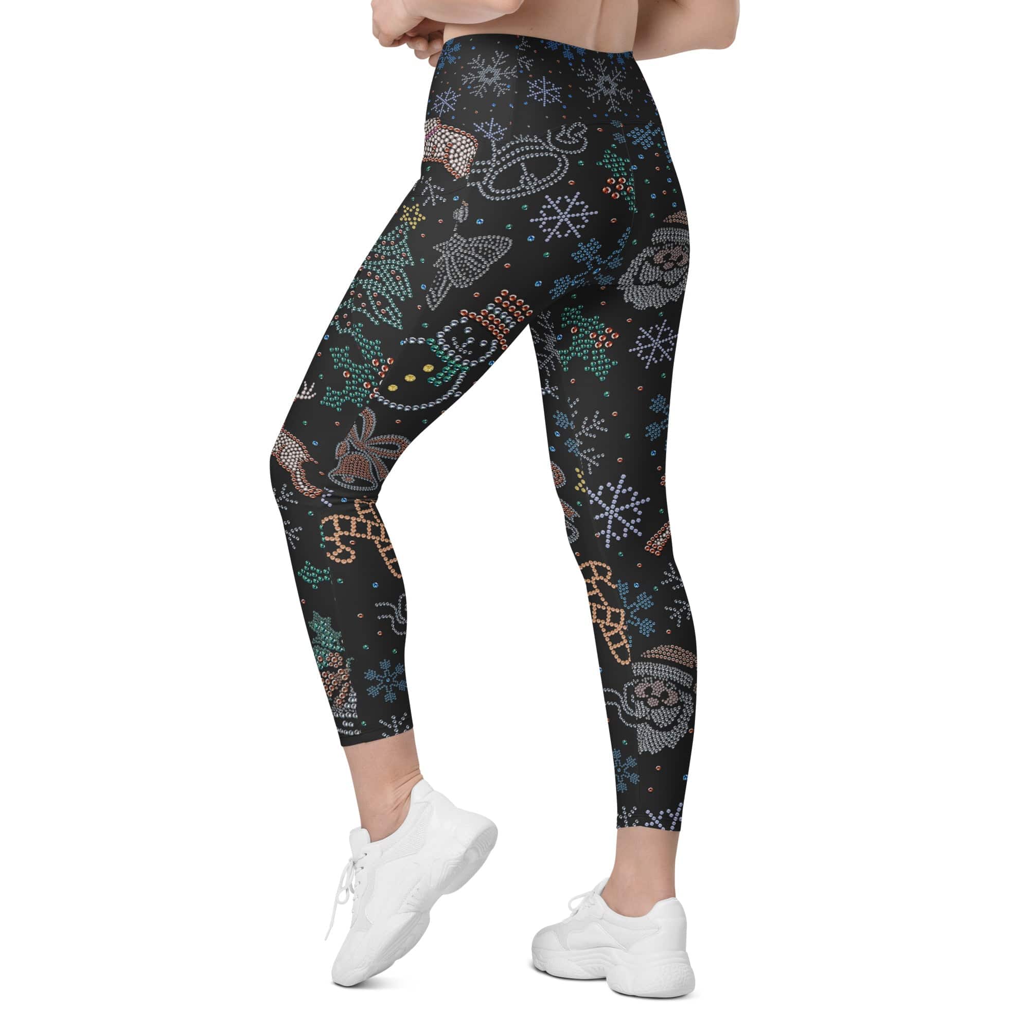 Faux Rhinestone Christmas Crossover Leggings With Pockets