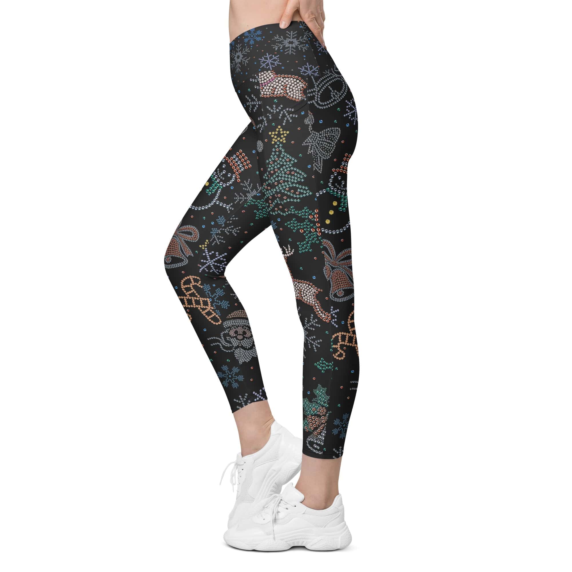 Faux Rhinestone Christmas Crossover Leggings With Pockets