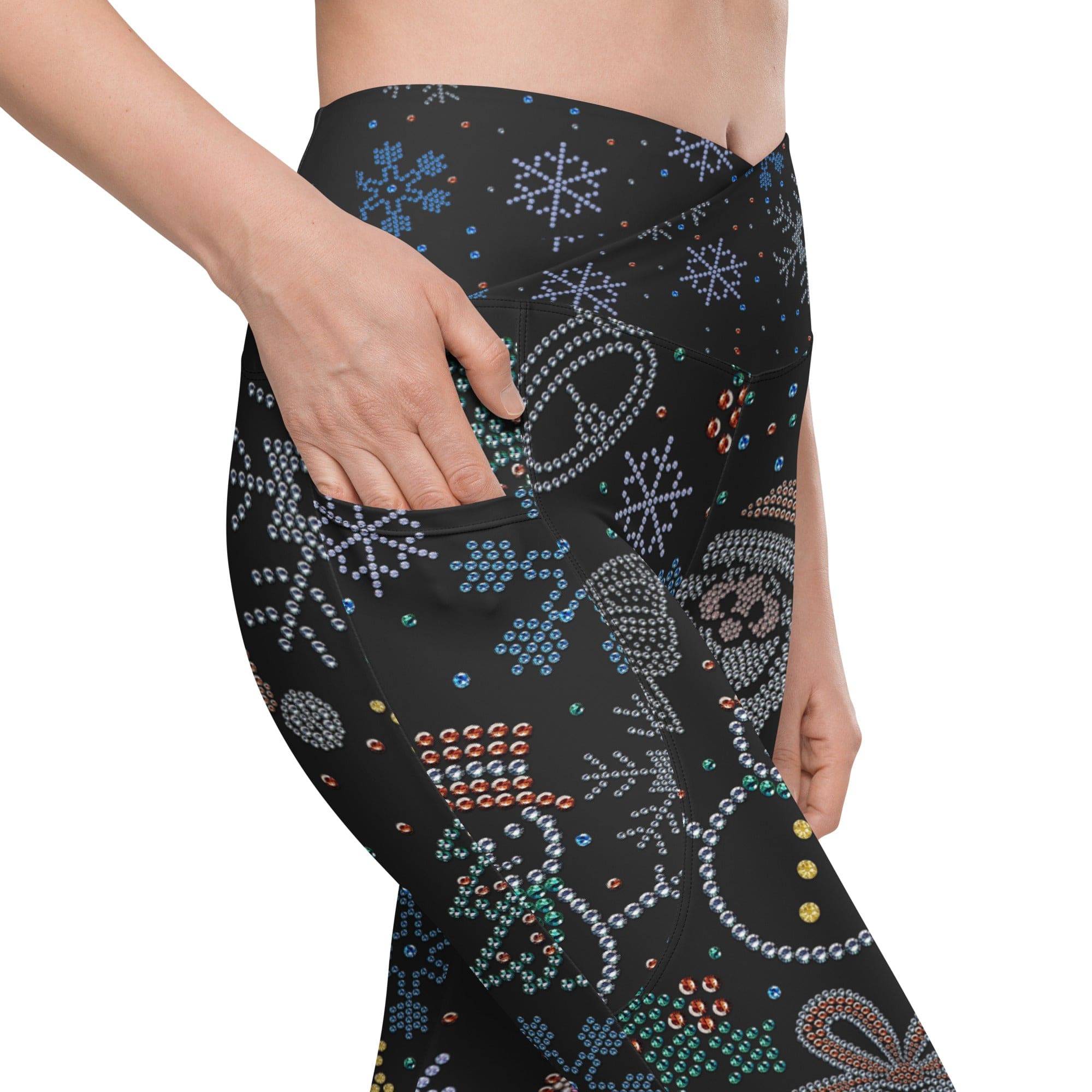Faux Rhinestone Christmas Crossover Leggings With Pockets