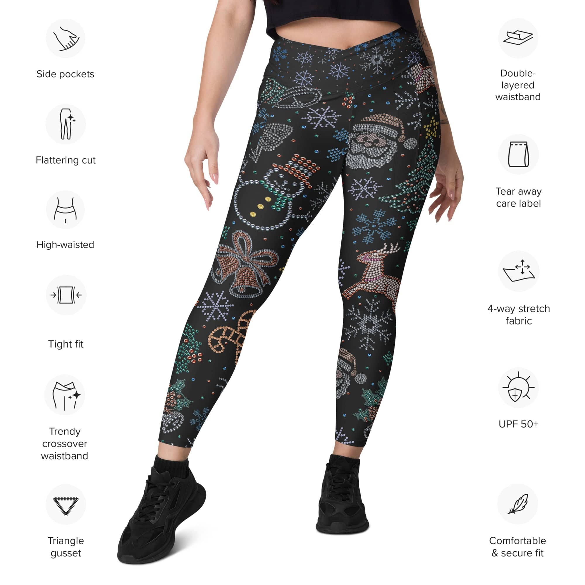 Faux Rhinestone Christmas Crossover Leggings With Pockets