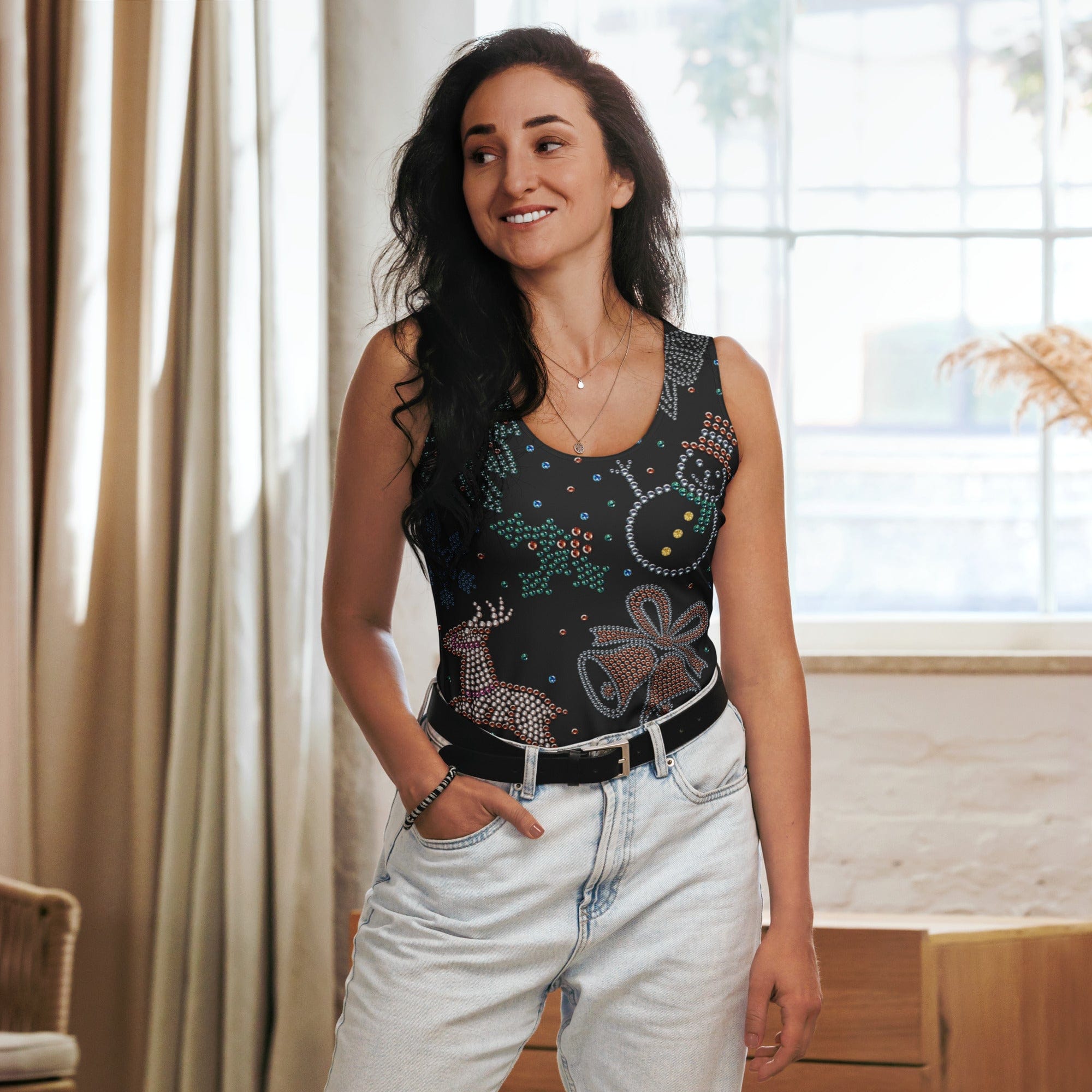 Faux Rhinestone Christmas Tank Top
