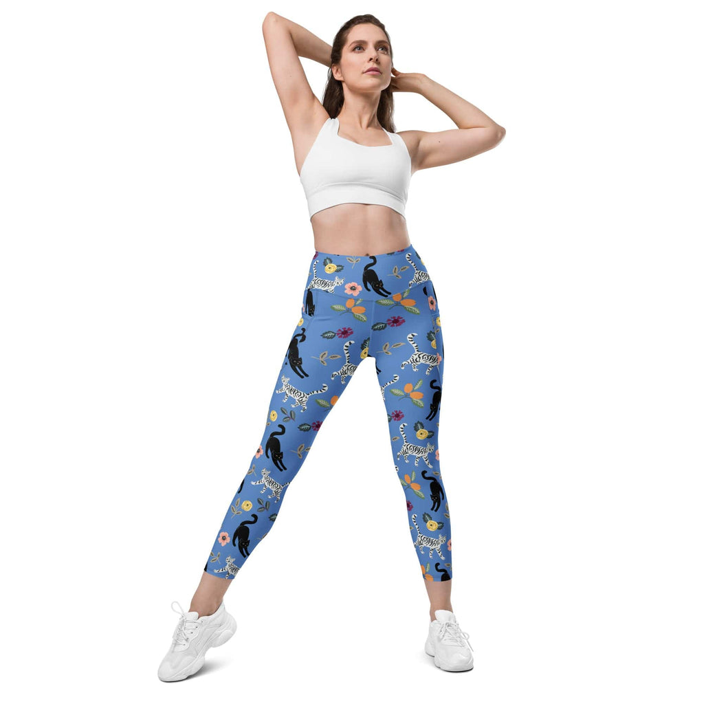 Feline & Flower Pattern Leggings With Pockets