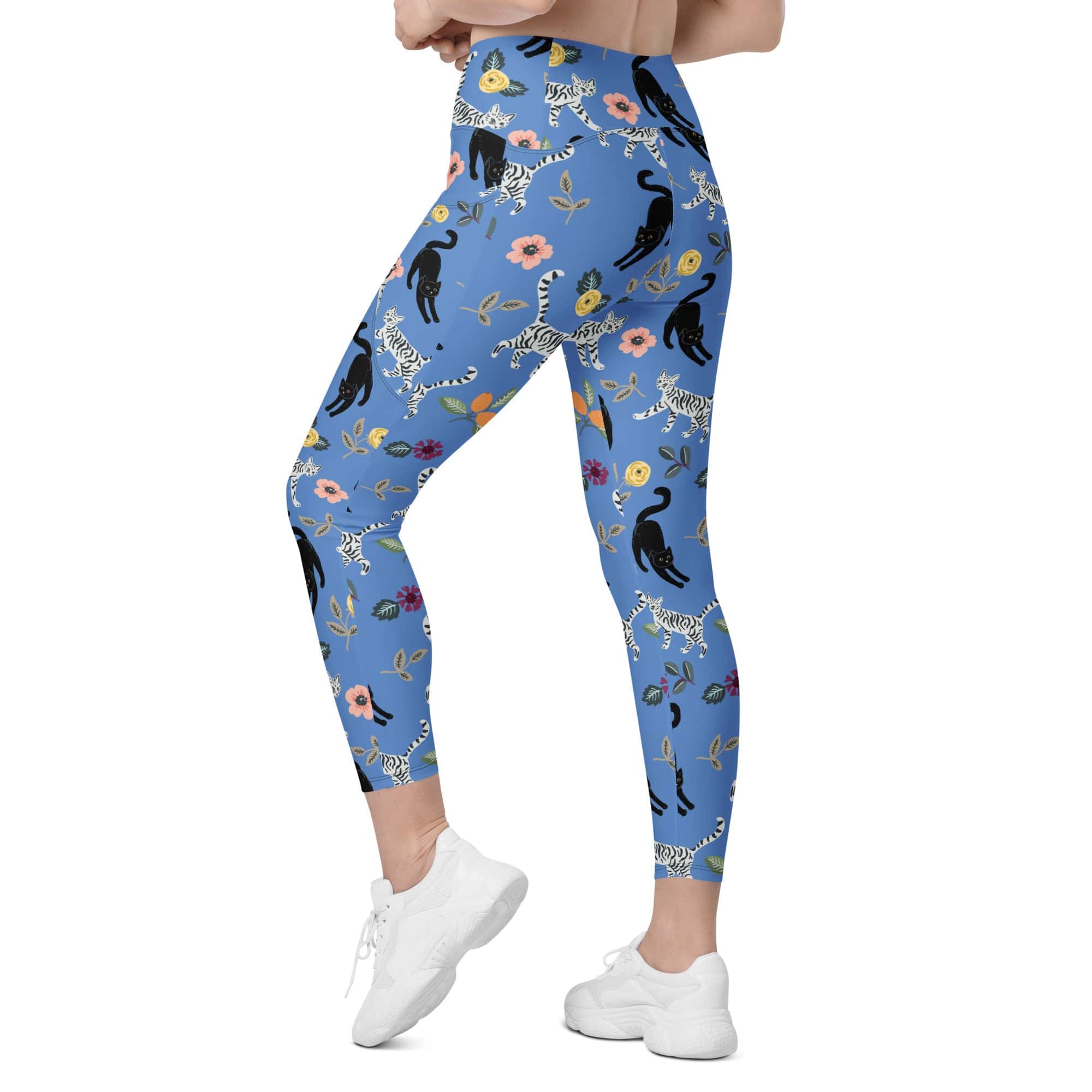 Feline & Flower Pattern Leggings With Pockets