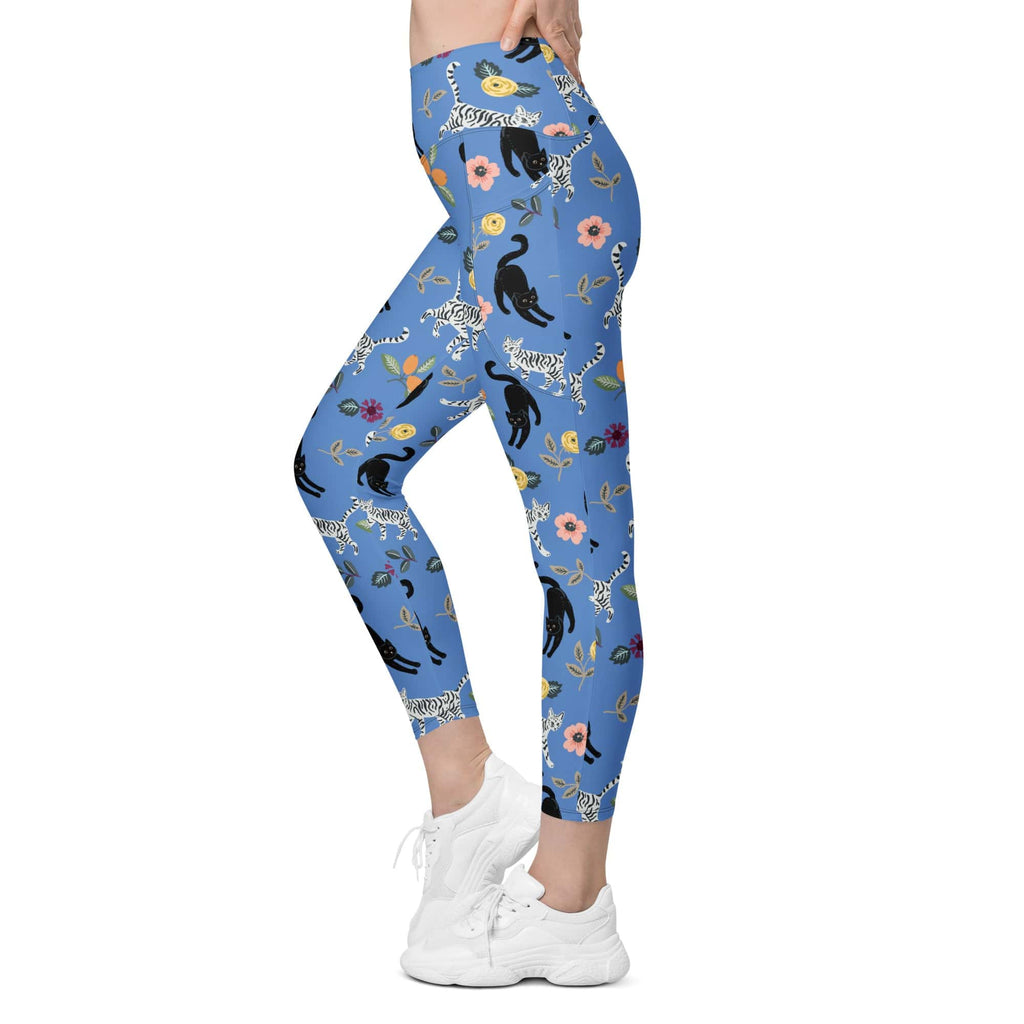 Feline & Flower Pattern Leggings With Pockets