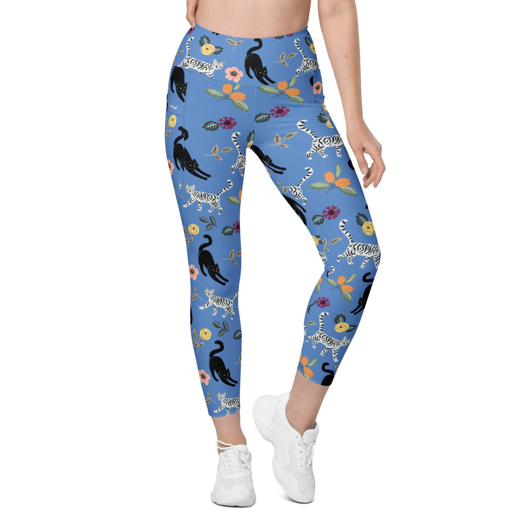 Feline & Flower Pattern Leggings With Pockets