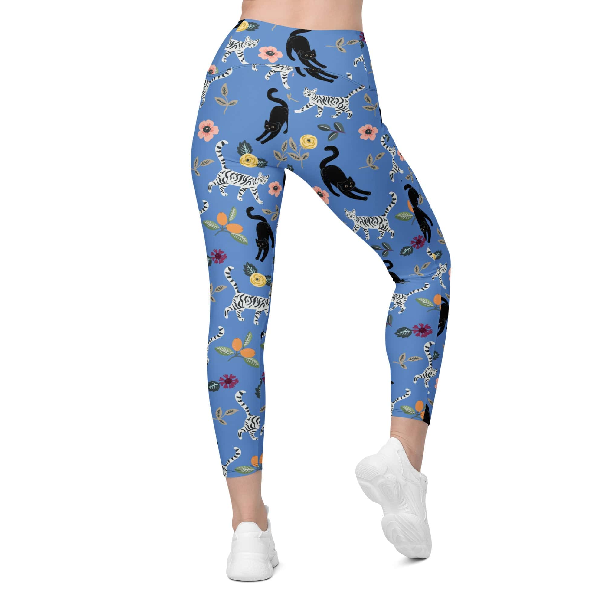 Feline & Flower Pattern Leggings With Pockets