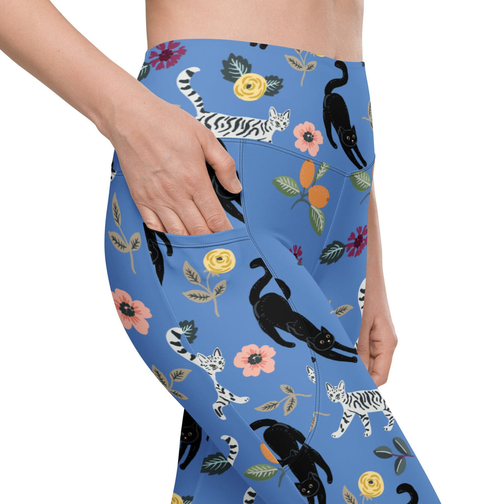 Feline & Flower Pattern Leggings With Pockets