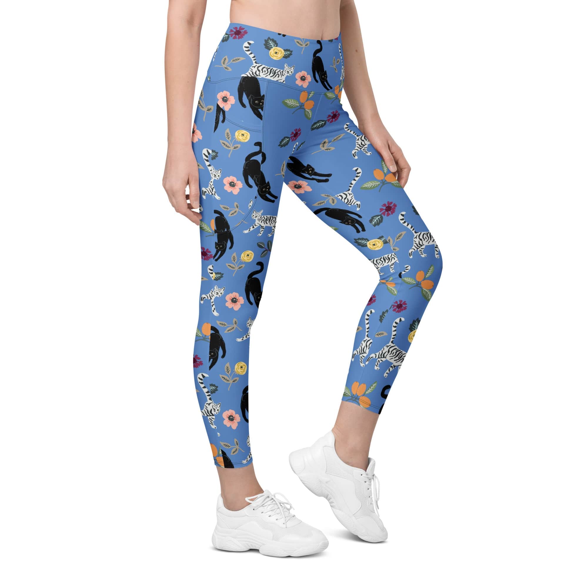 Feline & Flower Pattern Leggings With Pockets
