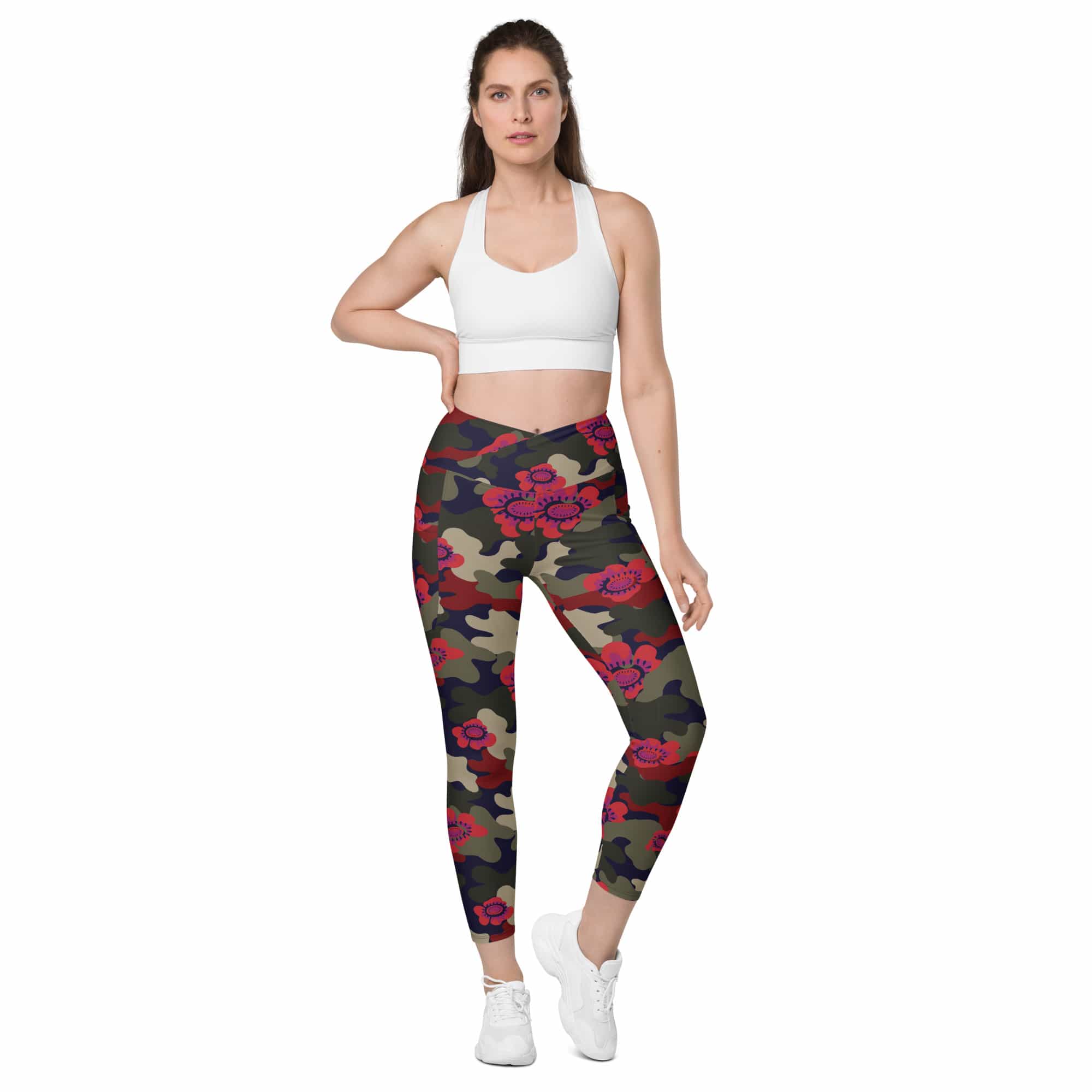 Floral Camo Crossover Leggings With Pockets