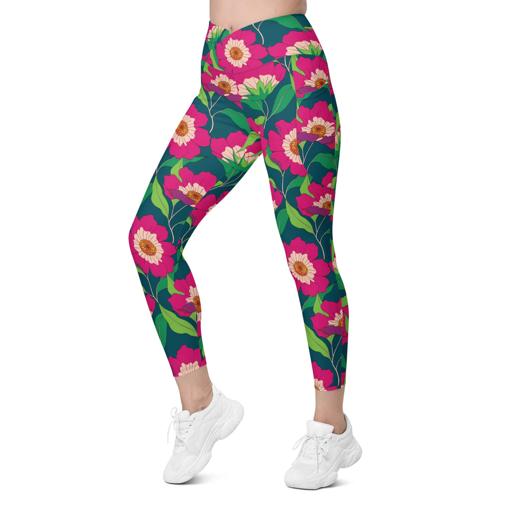 Floral Magenta Crossover Leggings With Pockets