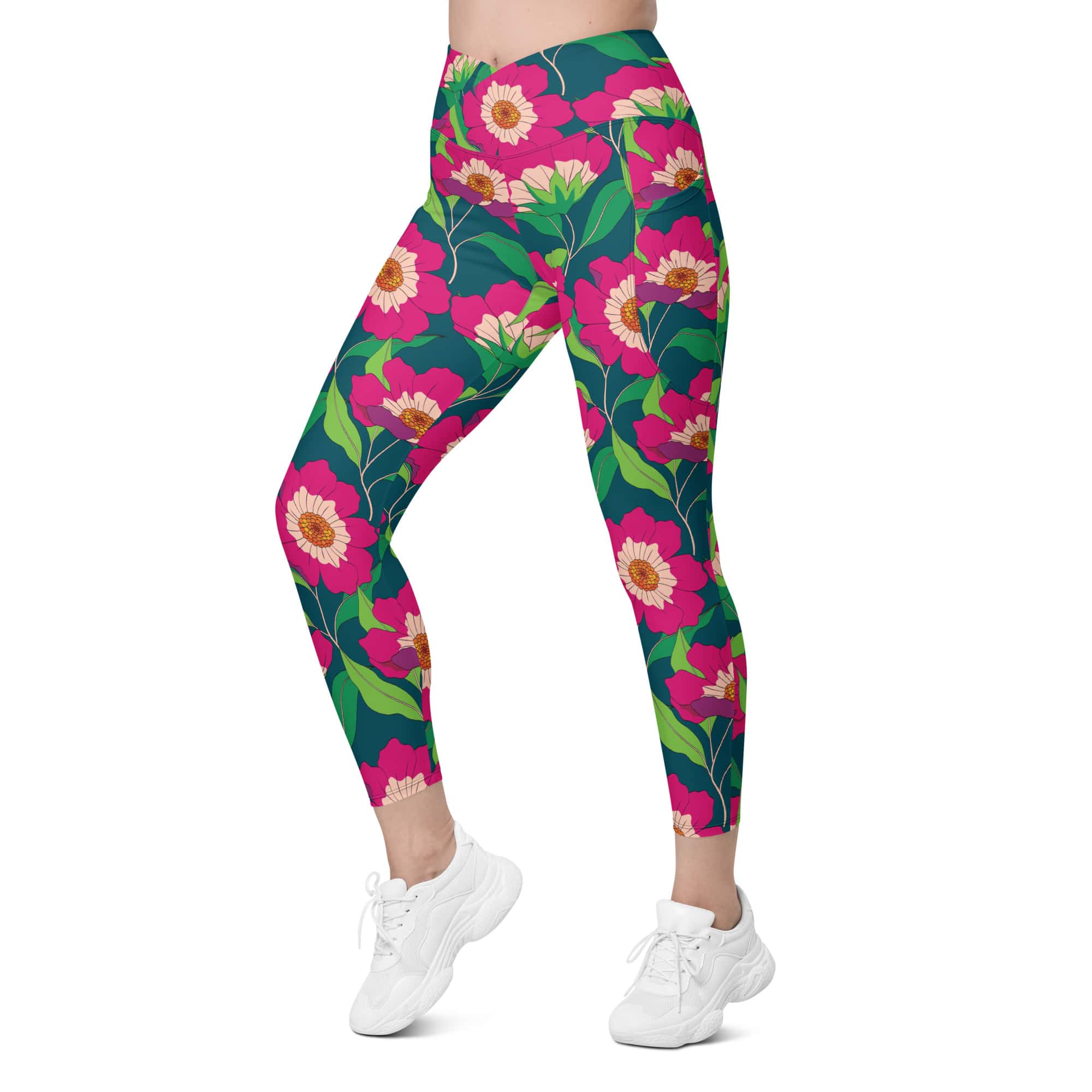 Floral Magenta Crossover Leggings With Pockets
